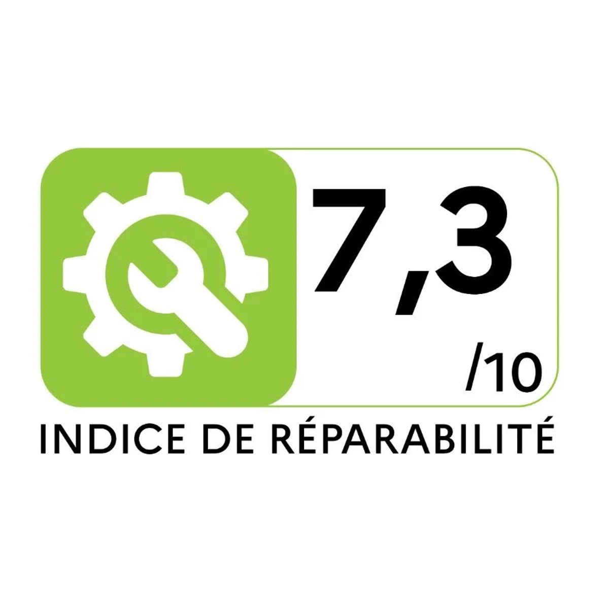 Reparatie-index score 7,3/10 op groene achtergrond met tandwielicoon en sleutel.