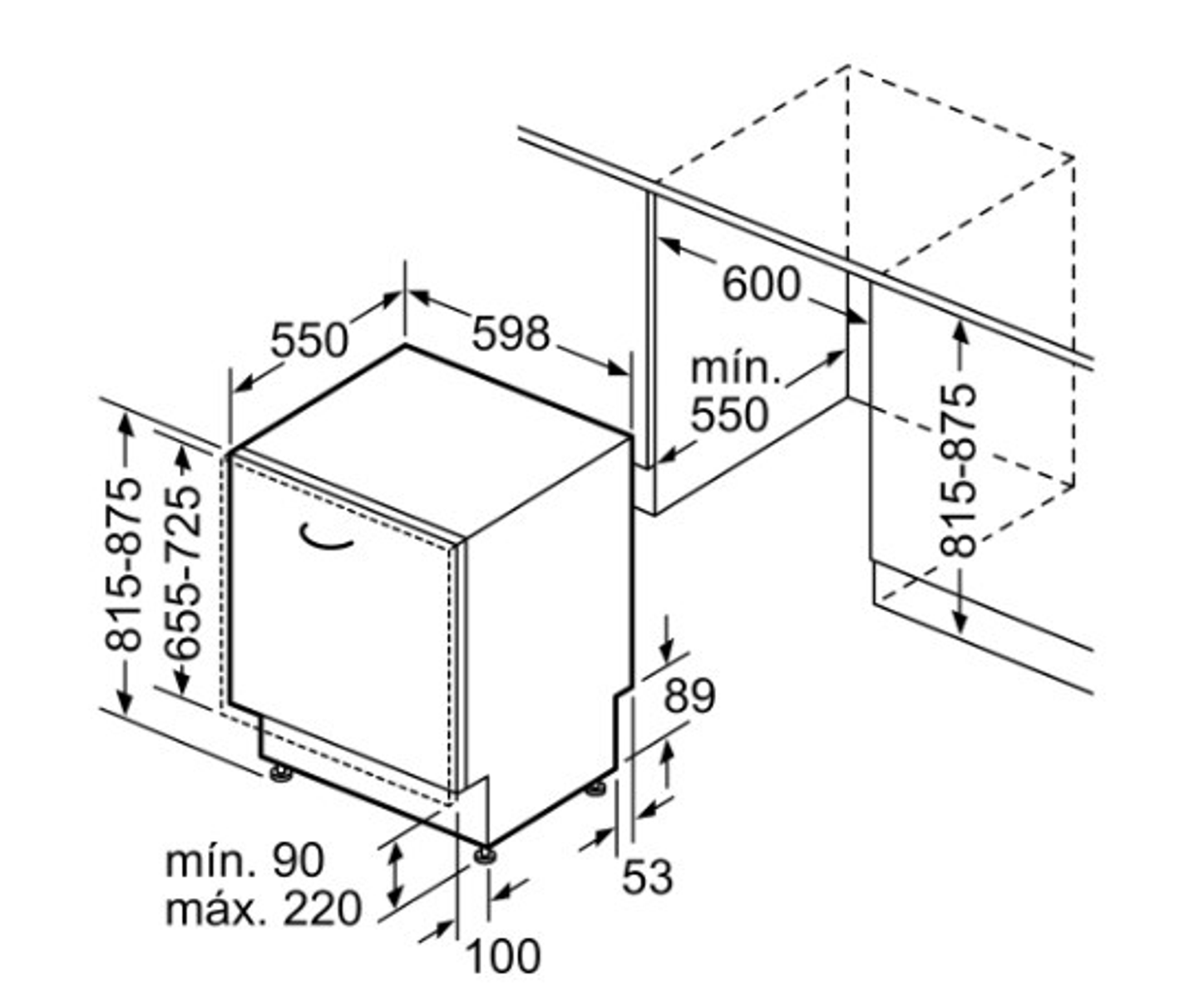 Diagramma di una lavastoviglie con dimensioni e misure.
