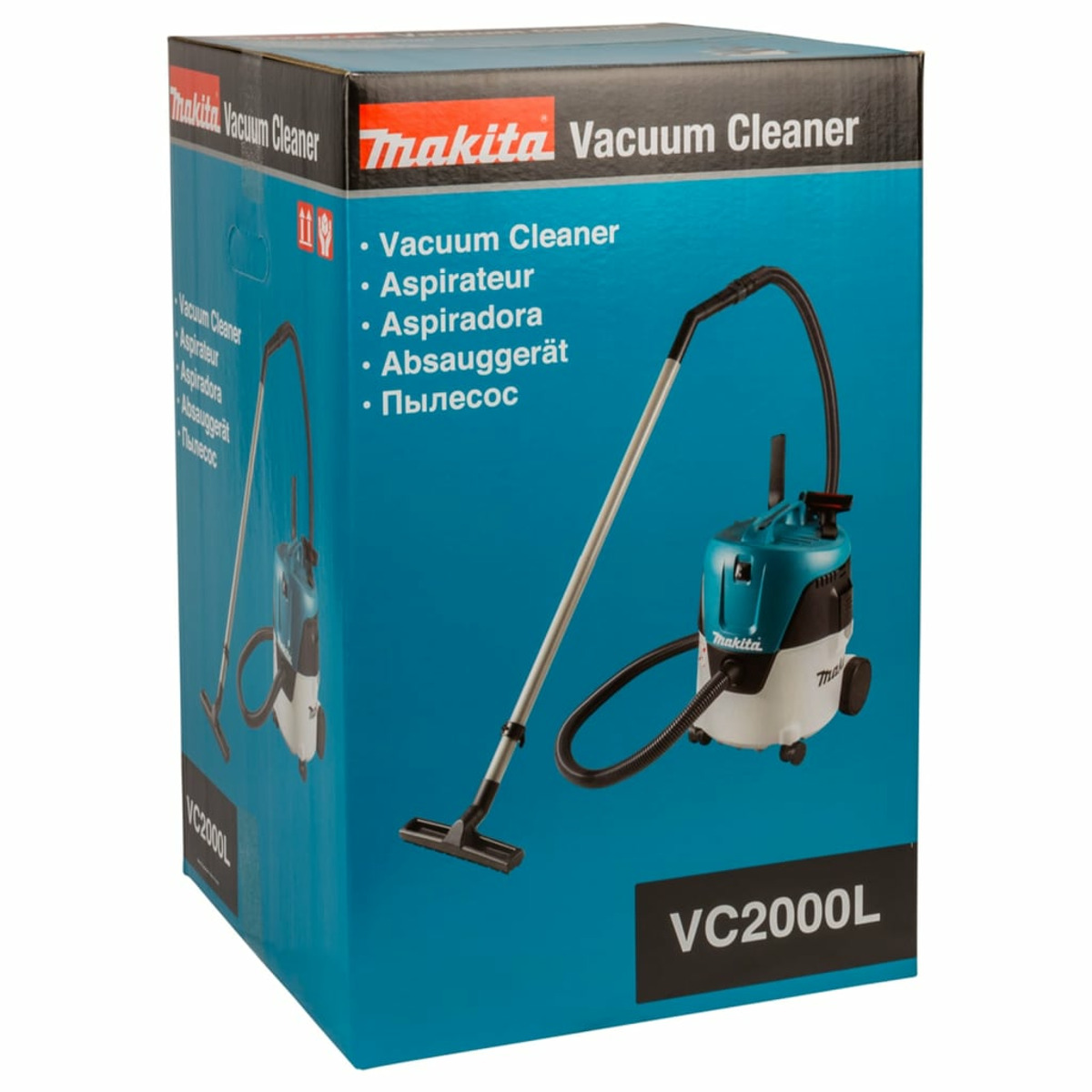 Una caja azul y blanca con una ilustración de aspiradora y texto: Vacuum Cleaner.