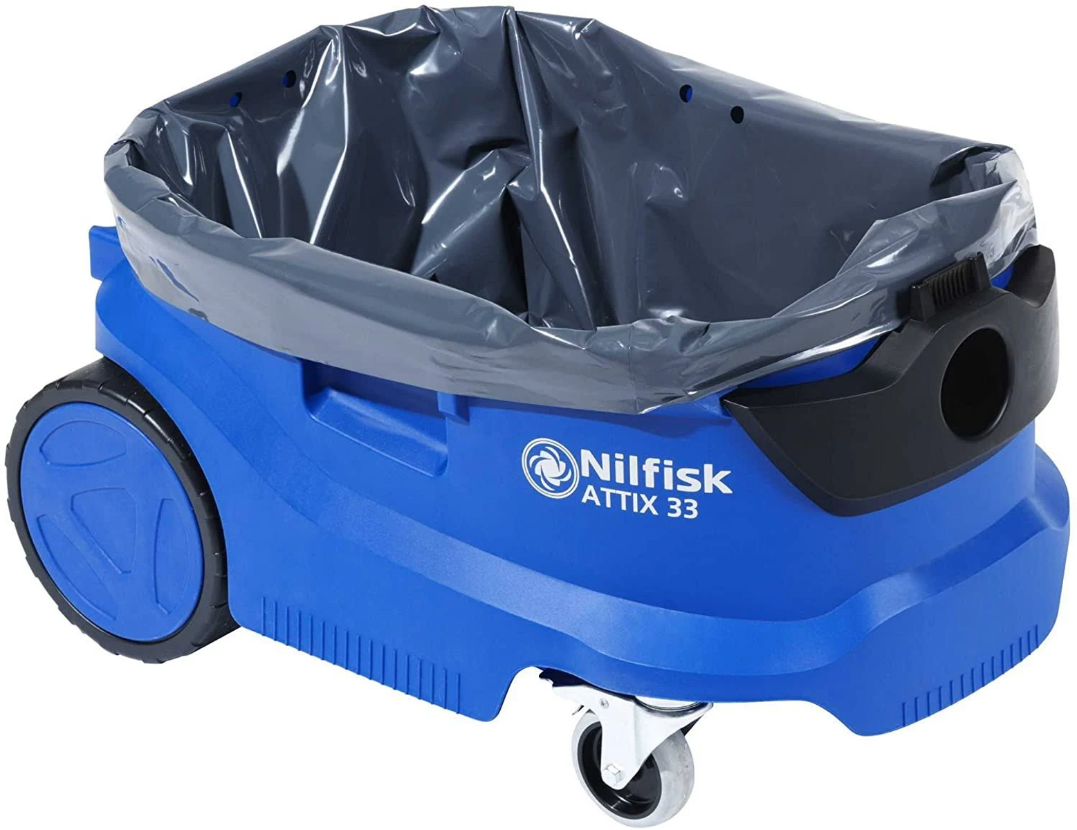 Un aspirapolvere blu Nilfisk Attix 33 con sacco grigio su sfondo bianco.