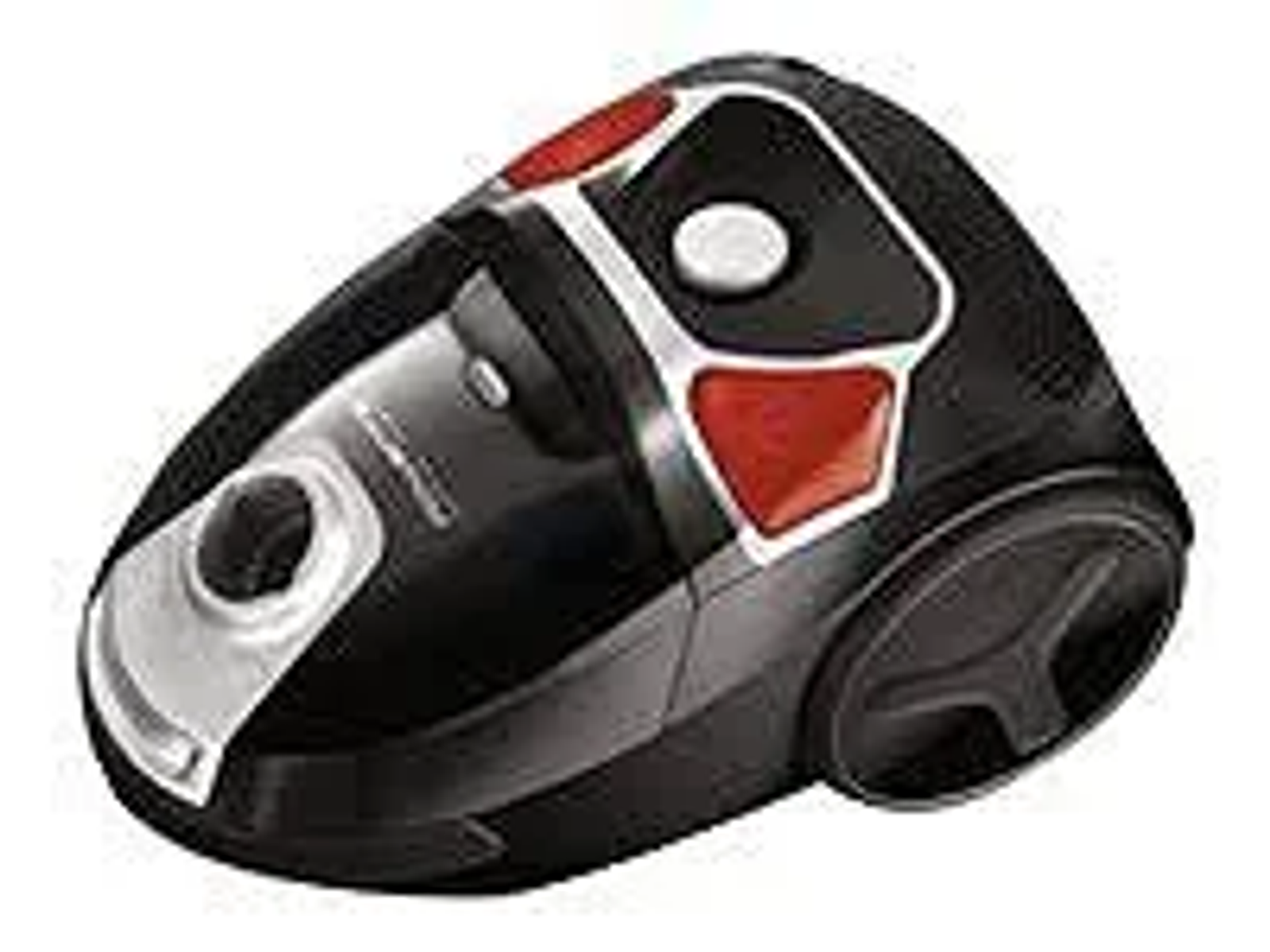 Czarny i srebrny odkurzacz. Ma czerwone akcenty i duże koło.