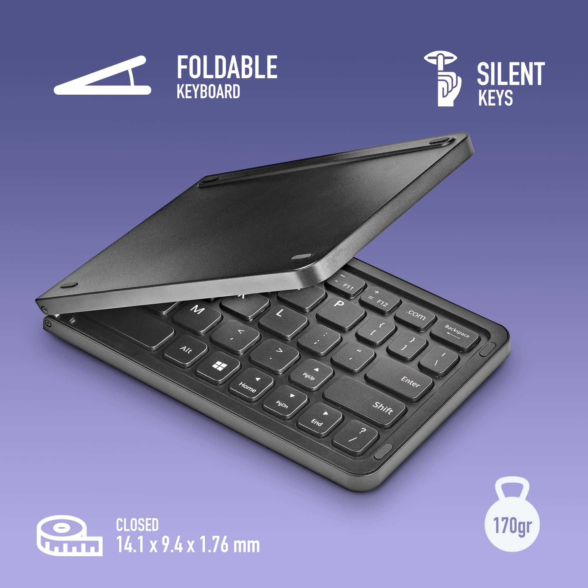 Tastiera pieghevole nera con tasti e icone argentate su sfondo blu.