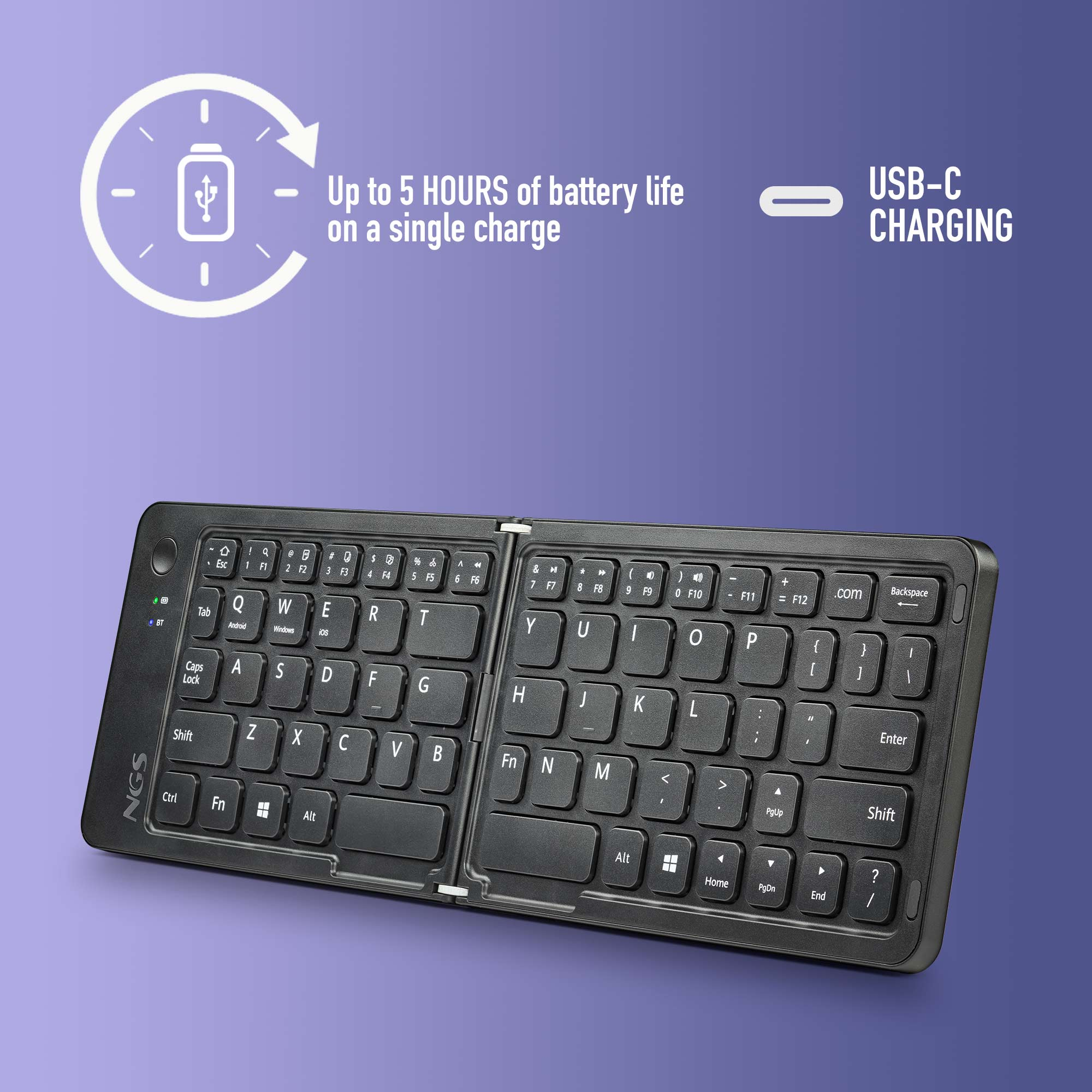 Una tastiera NGS pieghevole nera con ricarica USB-C e batteria da 5 ore.