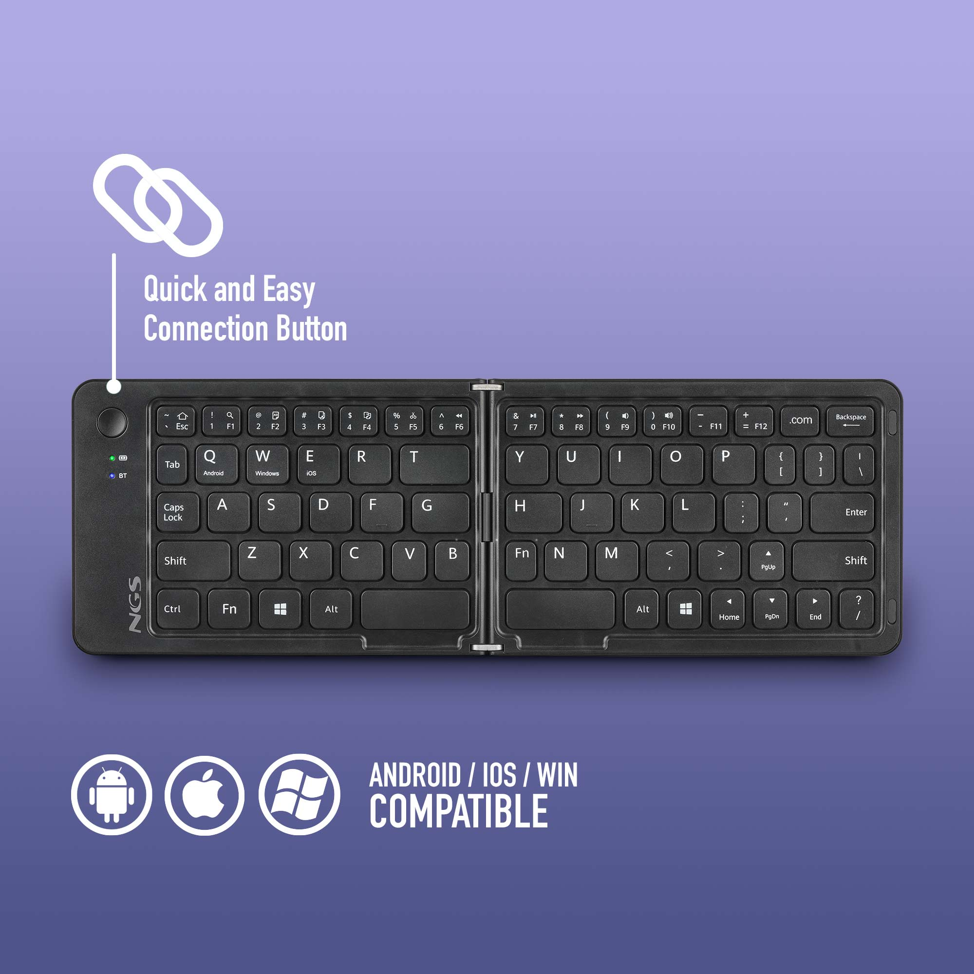 Una tastiera nera pieghevole con layout QWERTY, compatibile con Android, iOS e Windows.