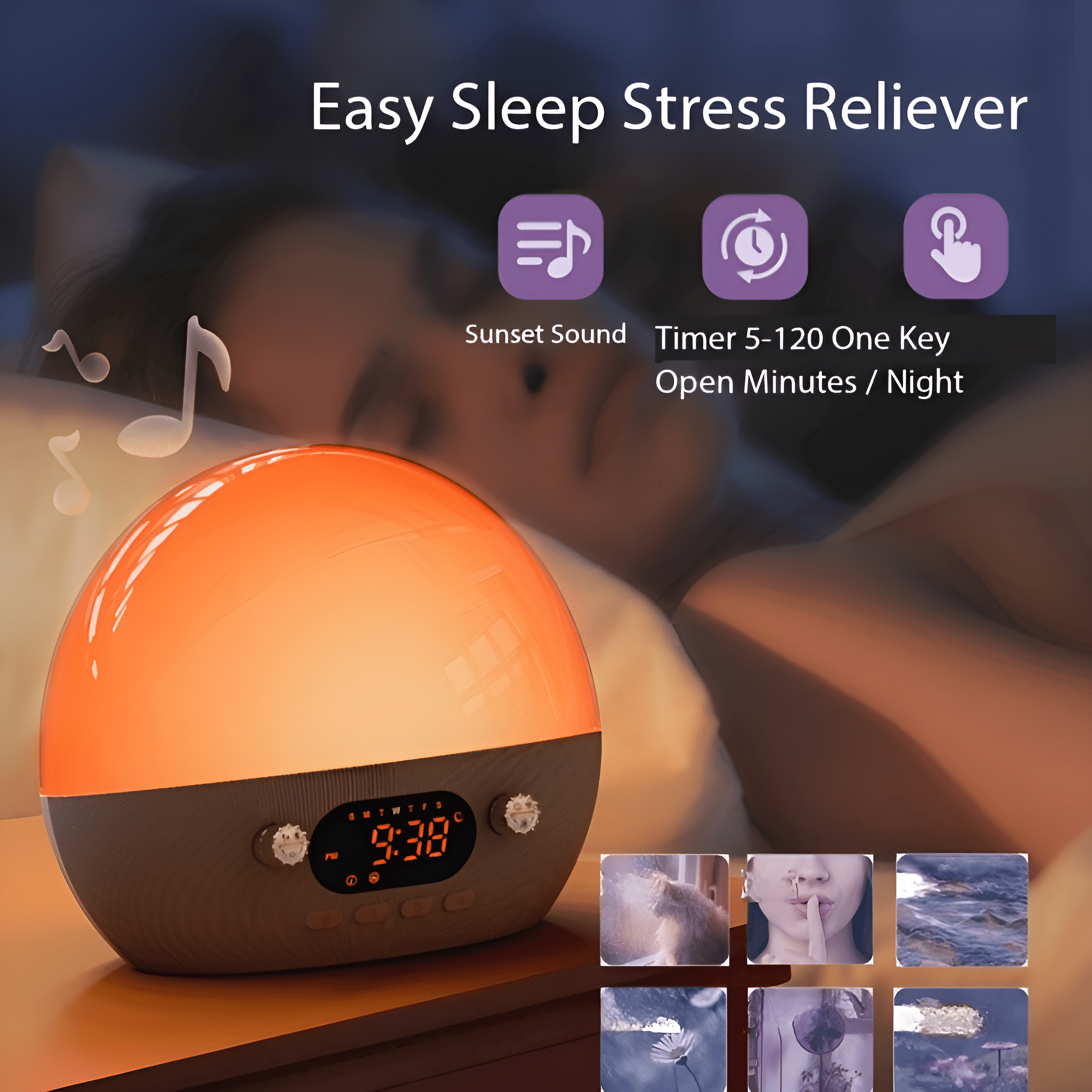 Ein Schlaf-Stressabbaugerät mit Lampe, Uhr und Symbolen. Eine Person schläft im Hintergrund.