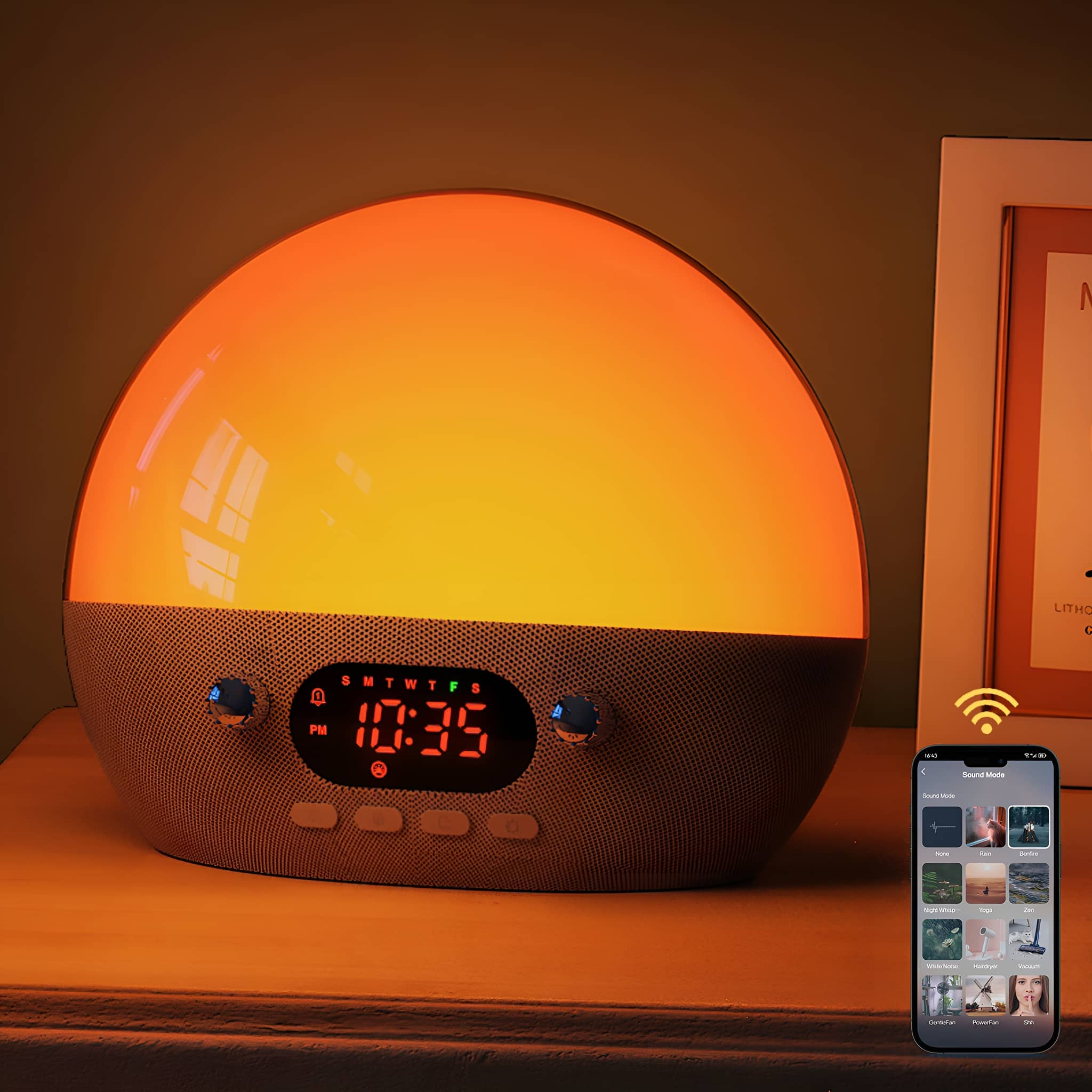 Ein Wecker mit Beleuchtung wird gezeigt, mit einem Licht oben. Ein Smartphone ist in der Nähe, das Tonmodi anzeigt.