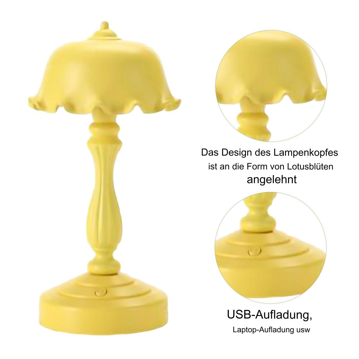 Gelbe Lampe mit lotusförmigem Lampenschirm. Text erklärt, dass das Design von Lotusblüten inspiriert ist.