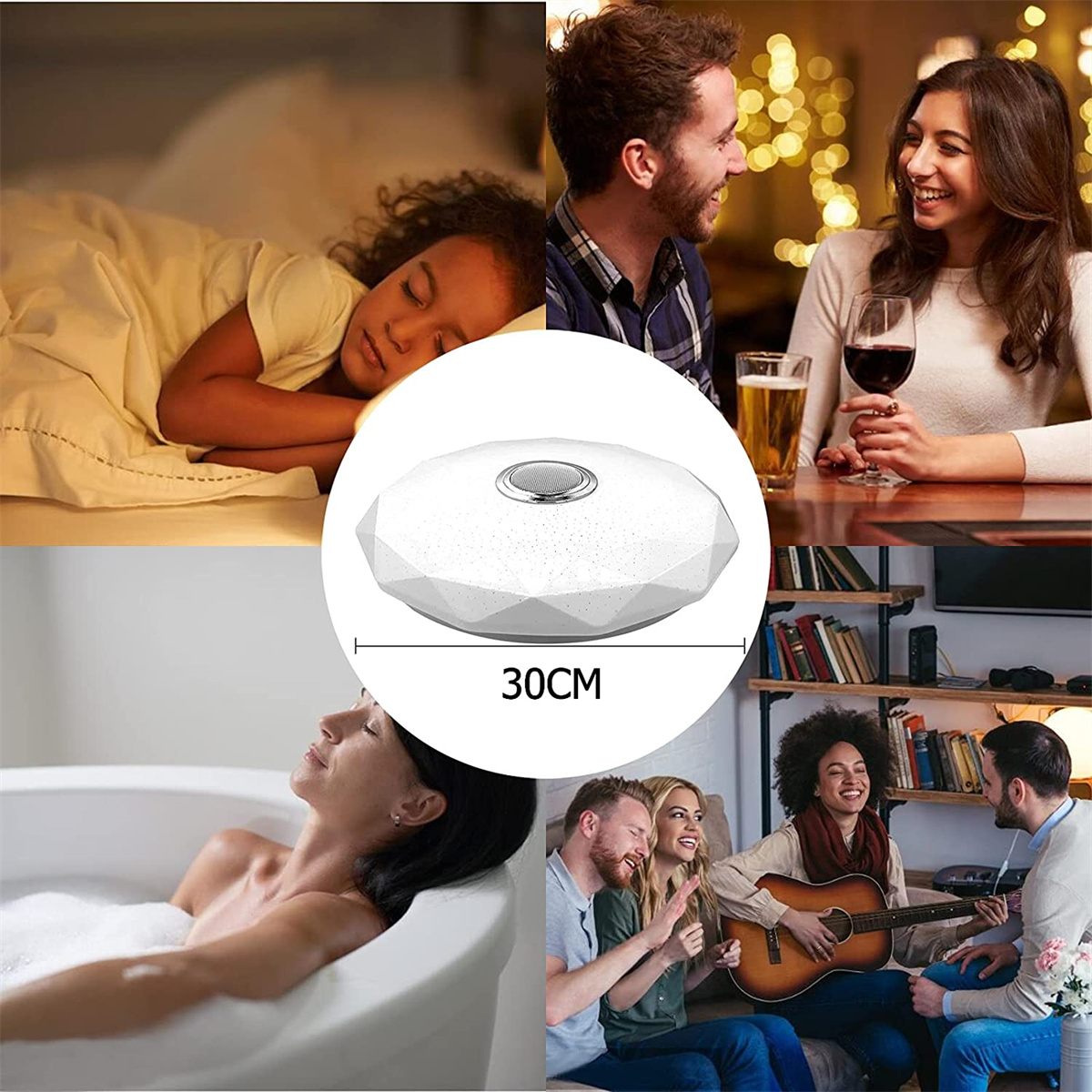 Collage zeigt ein schlafendes Kind, gesellige Menschen und eine Frau in der Badewanne, mit einer Leuchte.