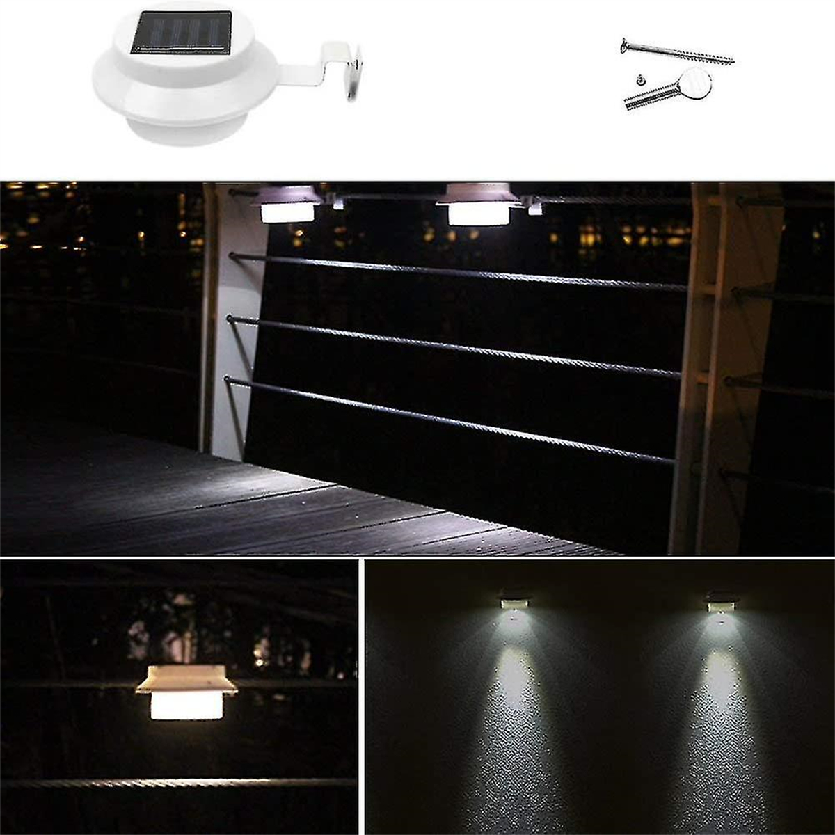 Solarleuchten auf einem Deck. Enthält Leuchten, Hardware und Nahaufnahmen.