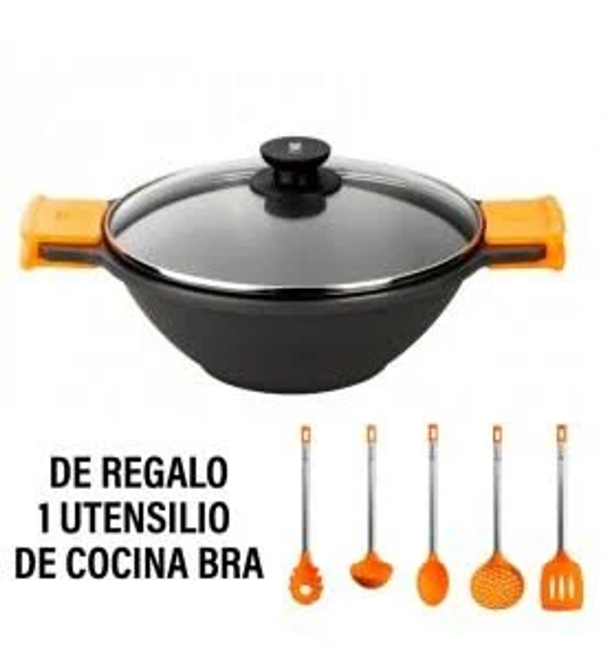 Czarny wok z szklaną pokrywką i pomarańczowymi uchwytami. Dołączone przybory.