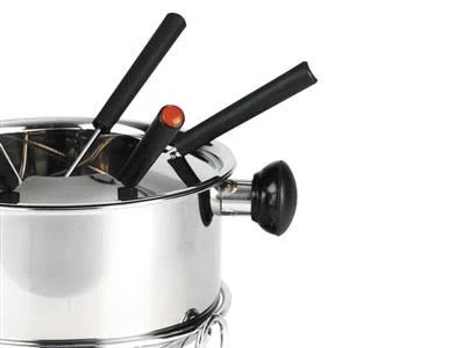 Una fonduta in acciaio inox con manici e forchette nere su sfondo bianco.