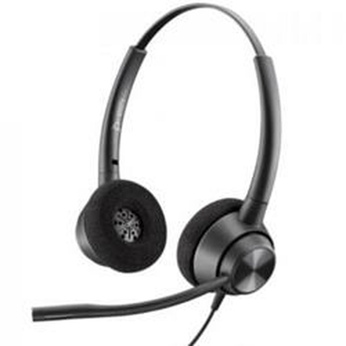 Auriculares negros con micrófono, sobre fondo blanco.