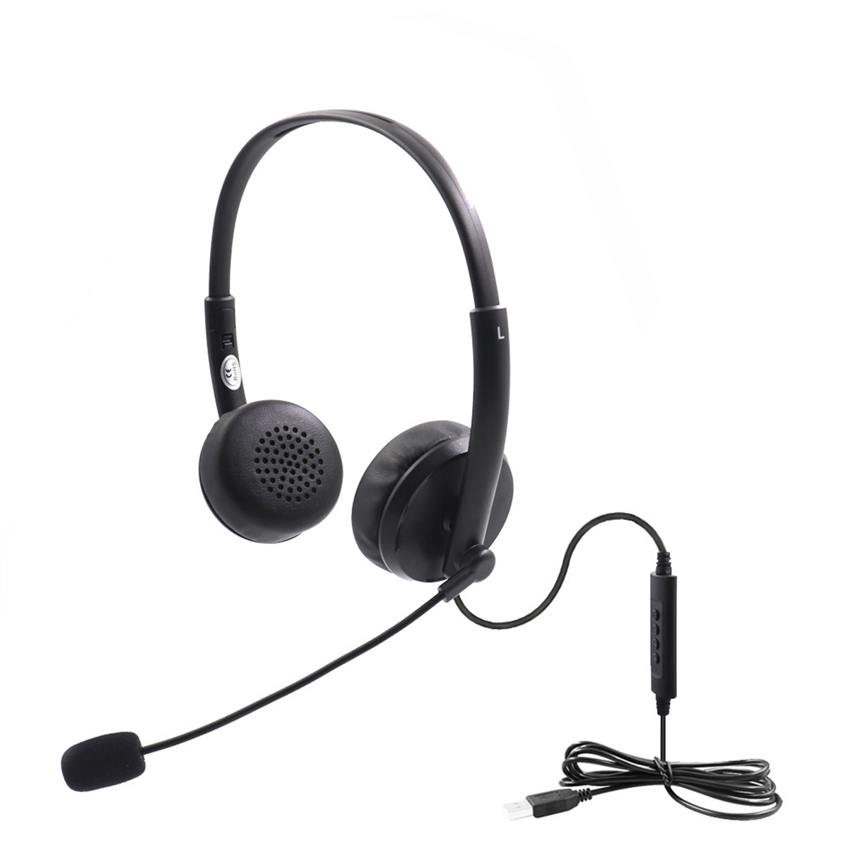Schwarzes Headset mit Mikrofon. Die Ohrhörer sind rund und haben ein Mesh-Design.
