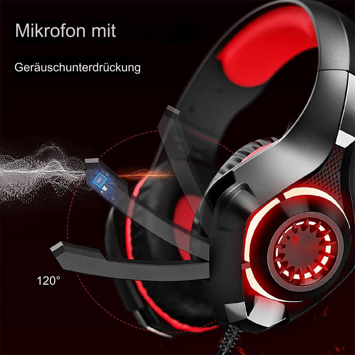 Schwarzes und rotes Gaming-Headset mit Mikrofon, das Geräuschunterdrückungsfunktionen zeigt.