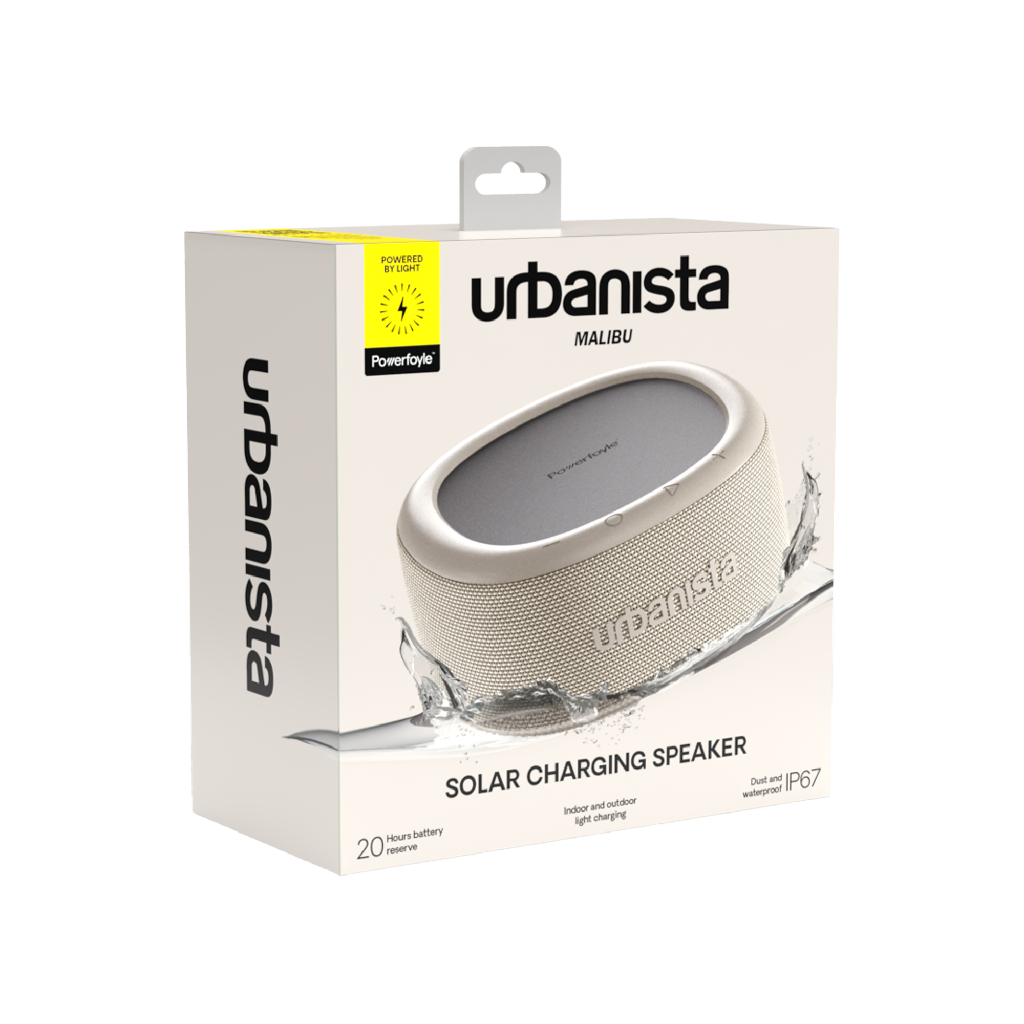 Una scatola bianca di un altoparlante a ricarica solare con il logo urbanista e testo.