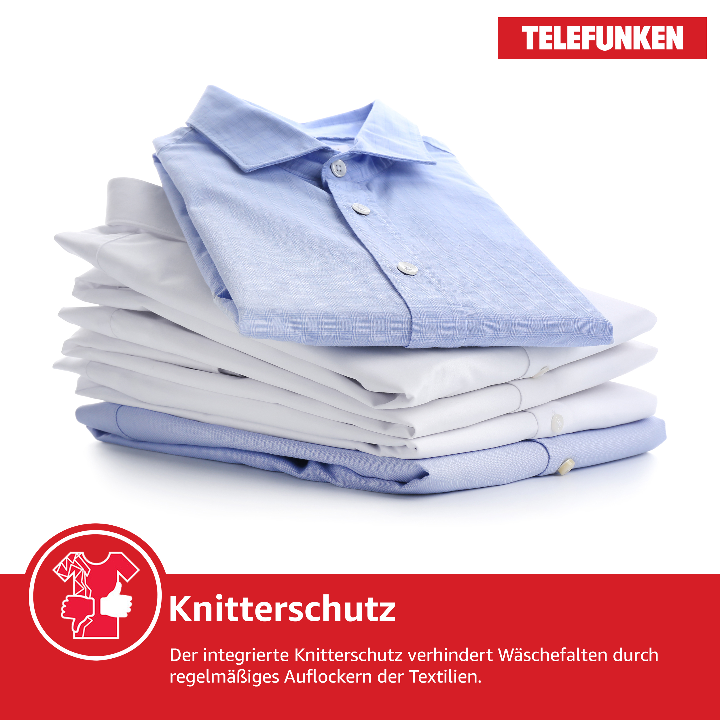 Ein Stapel gefalteter Hemden mit einem blauen Hemd oben und einem Logo zum Knitter-Schutz.