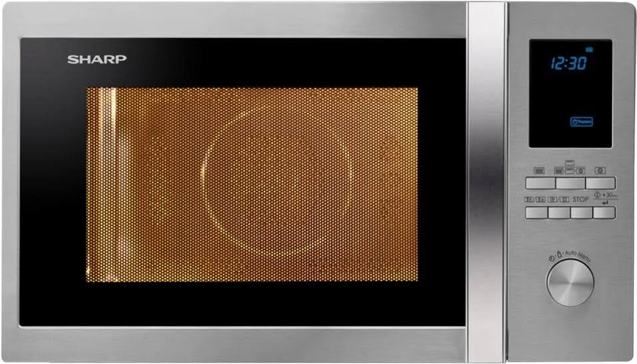 Sharp magnetron. Digitale klok toont 12:30. Binnenkant verlicht. Zilveren buitenkant.