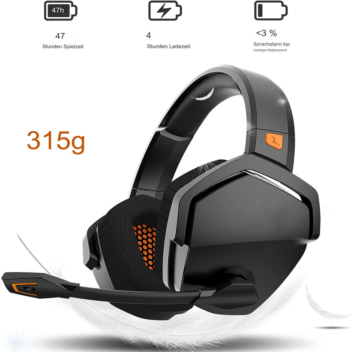Schwarzes Gaming-Headset mit Mikrofon. Akku- und Ladezustandsymbole vorhanden.