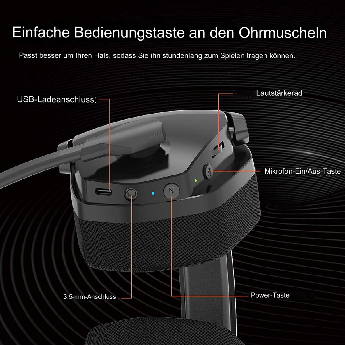 Schwarzes Gaming-Headset mit Bedienelementen und Anschlüssen.