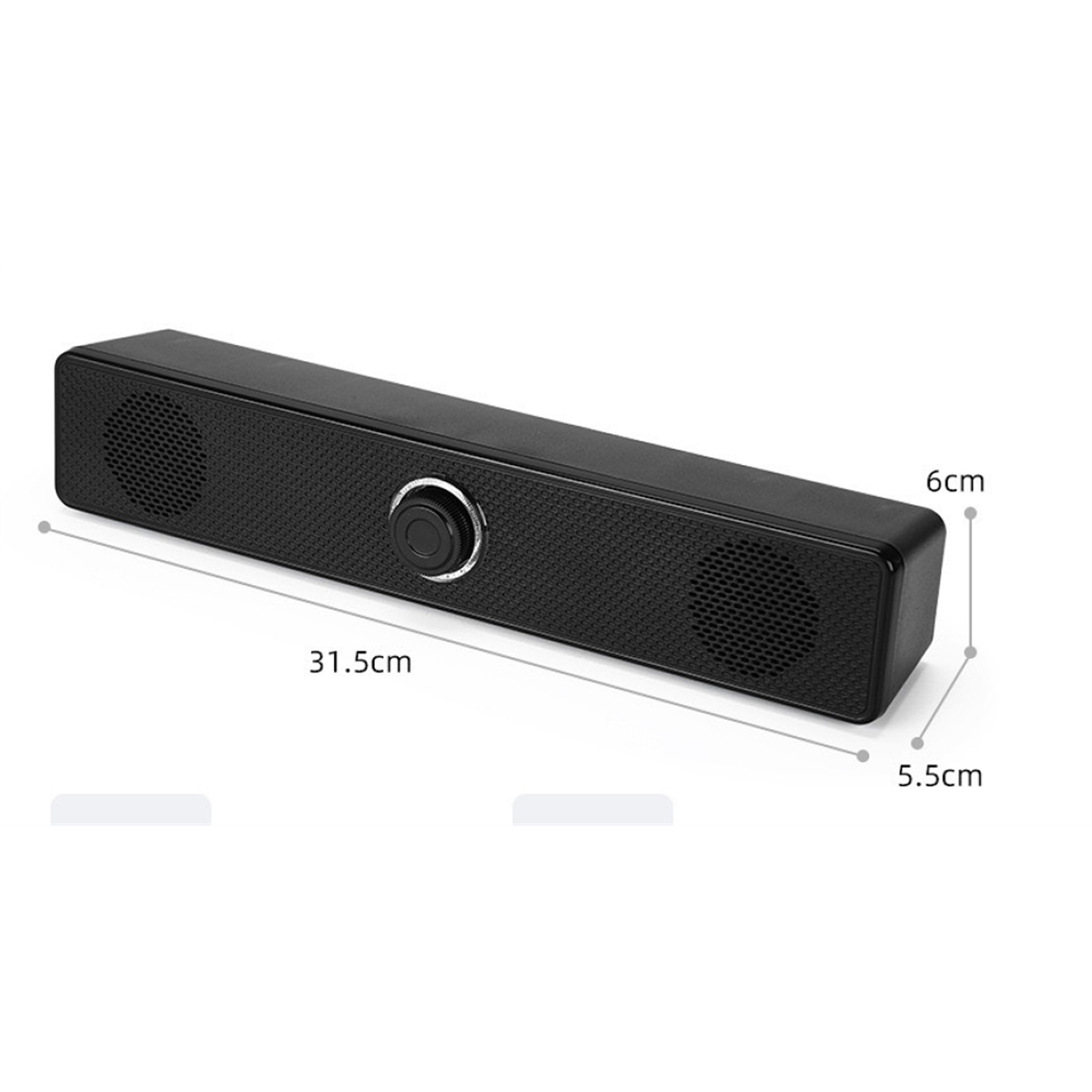 Eine schwarze, rechteckige Soundbar mit einem zentralen Drehregler und zwei Lautsprechergittern.
