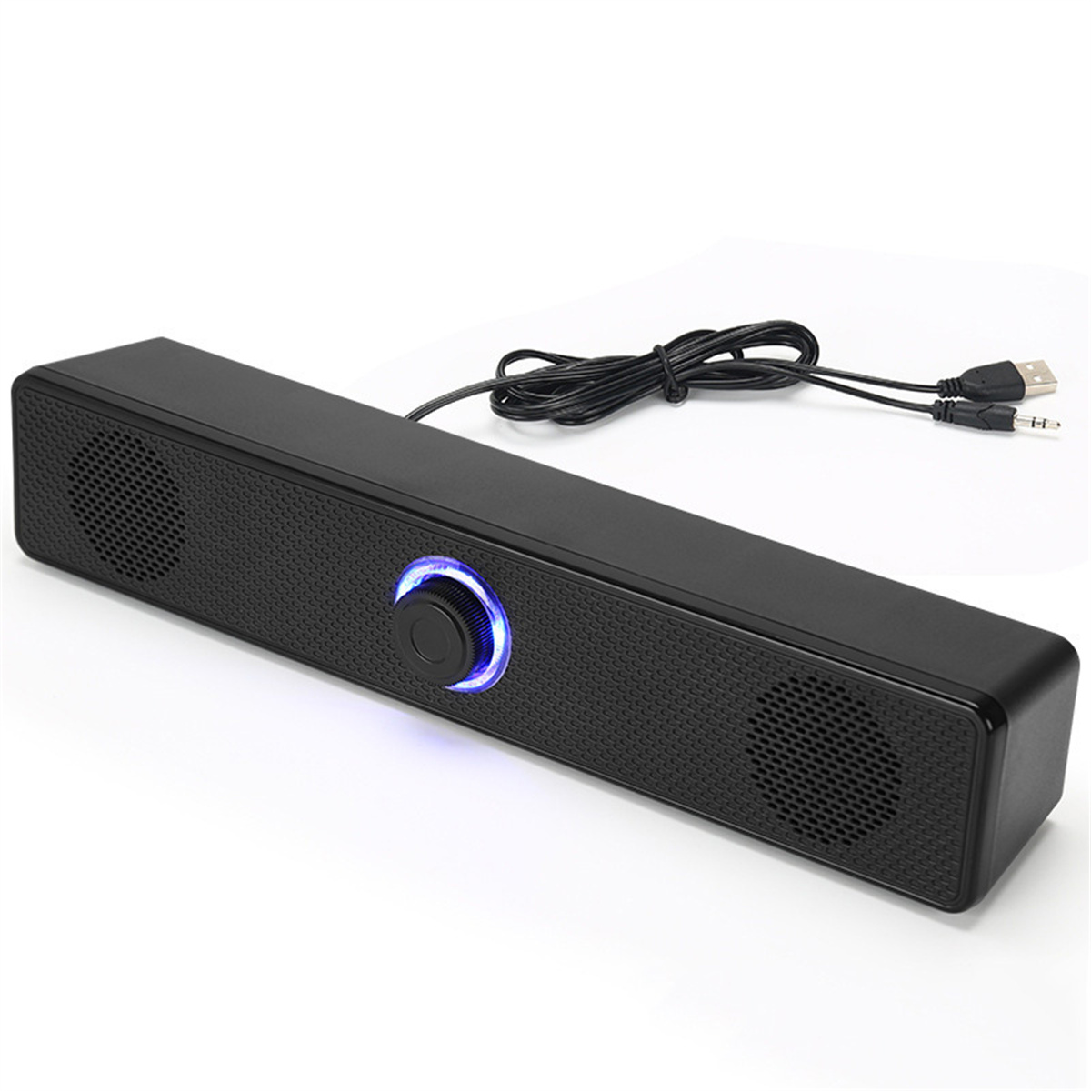 Schwarzer Lautsprecher mit Lautstärkeregler und blauem Licht. Hat zwei Lautsprechergitter und ein USB-Kabel.
