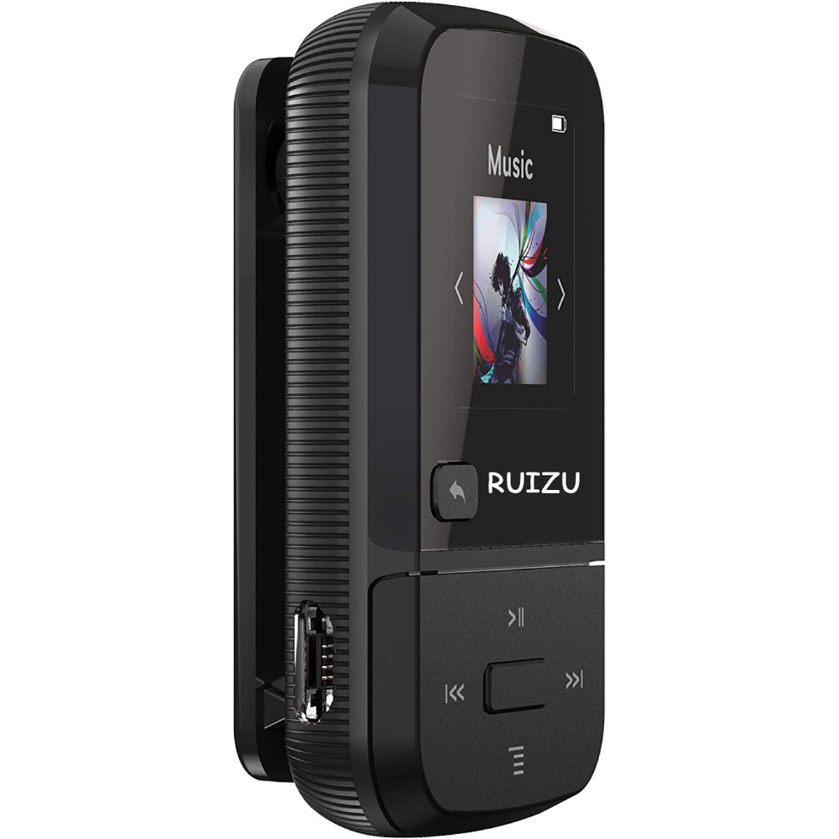 Schwarzer MP3-Player mit Bildschirm, der ein Bild anzeigt. Es hat Tasten auf der Vorderseite und einen USB-Anschluss.