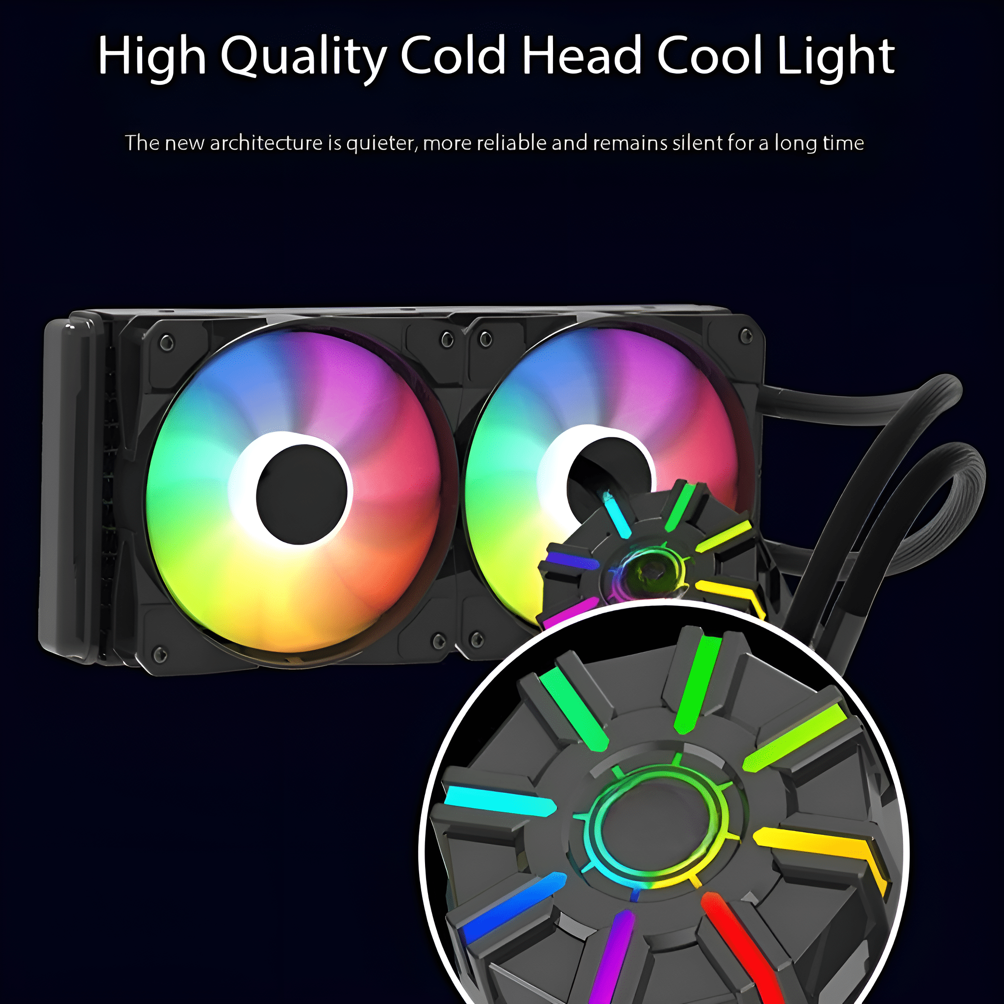 RGB-Flüssigkeitskühler mit zwei Lüftern und Nahaufnahme des Lüfters mit bunten Lichtern.