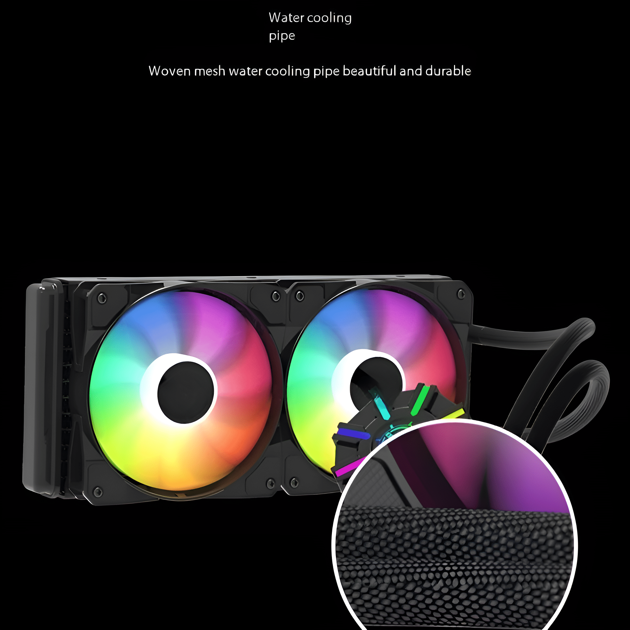 Computer-Wasserkühlungssystem mit zwei Lüftern und Regenbogenlichtern. Schwarzer Hintergrund.