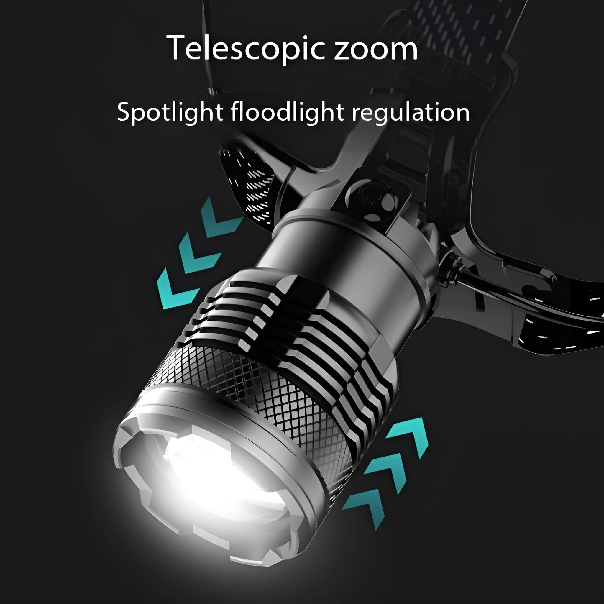 Nahaufnahme einer schwarzen Taschenlampe mit blauen Pfeilen. Text: Teleskopzoom, Scheinwerfer-Flutlichtregulierung.