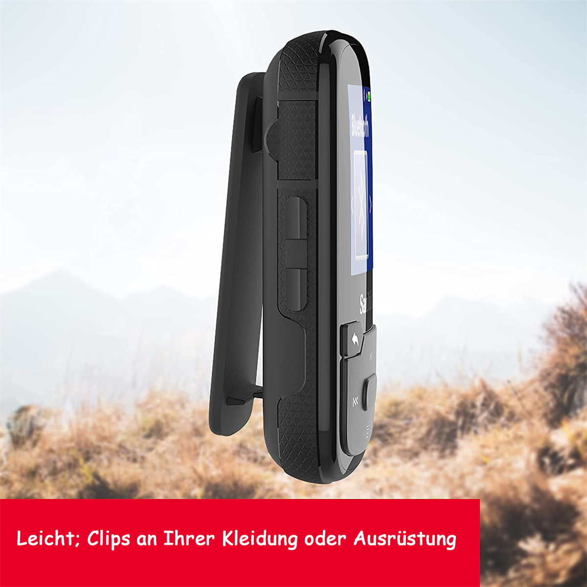 Schwarzer MP3-Player, an einer roten Oberfläche befestigt. Text: "Leicht; Clips an Ihrer Kleidung oder Ausrüstung."