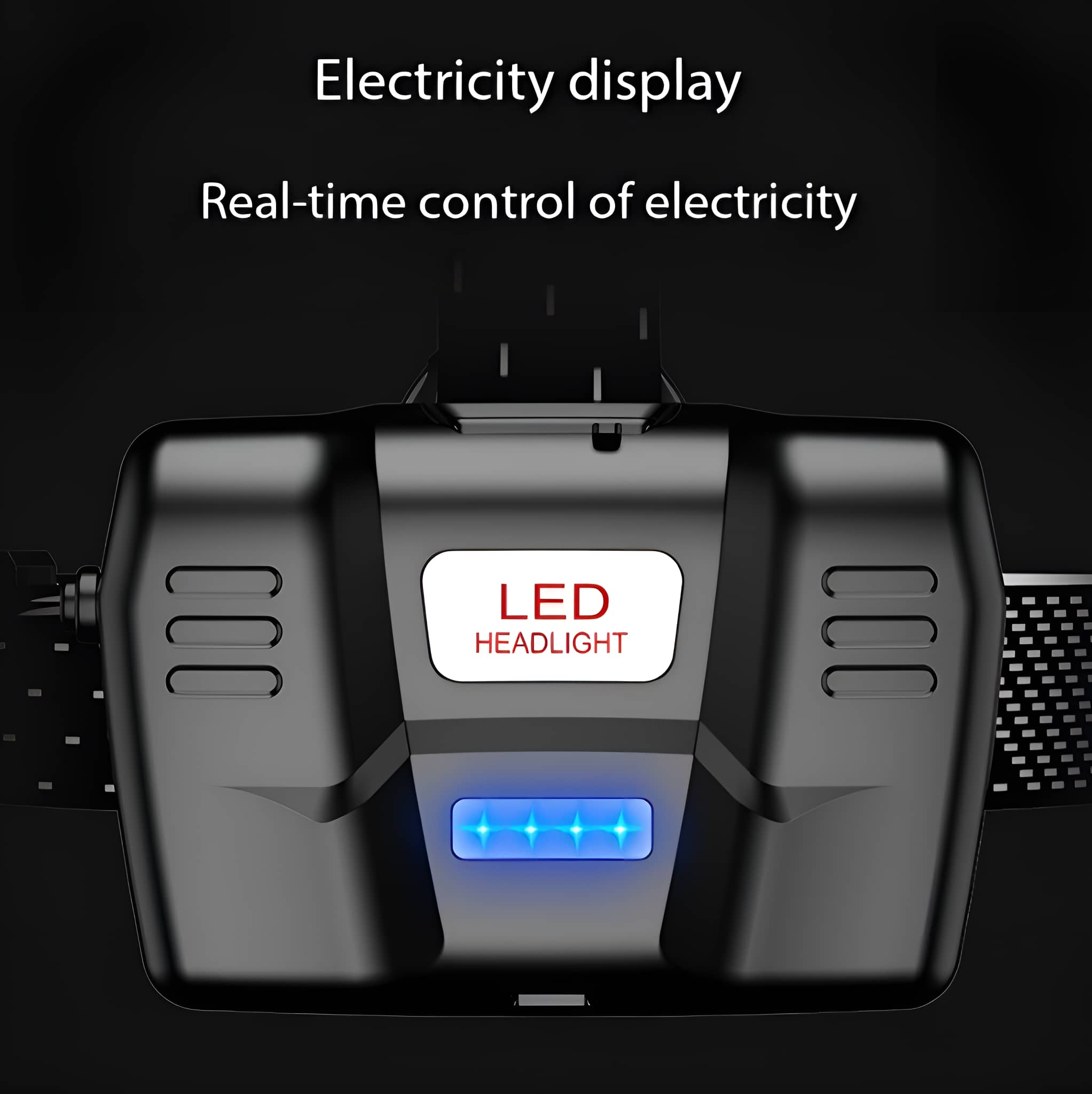 Schwarzer LED-Scheinwerfer mit blauen Lichtern, weißer LED-Text.