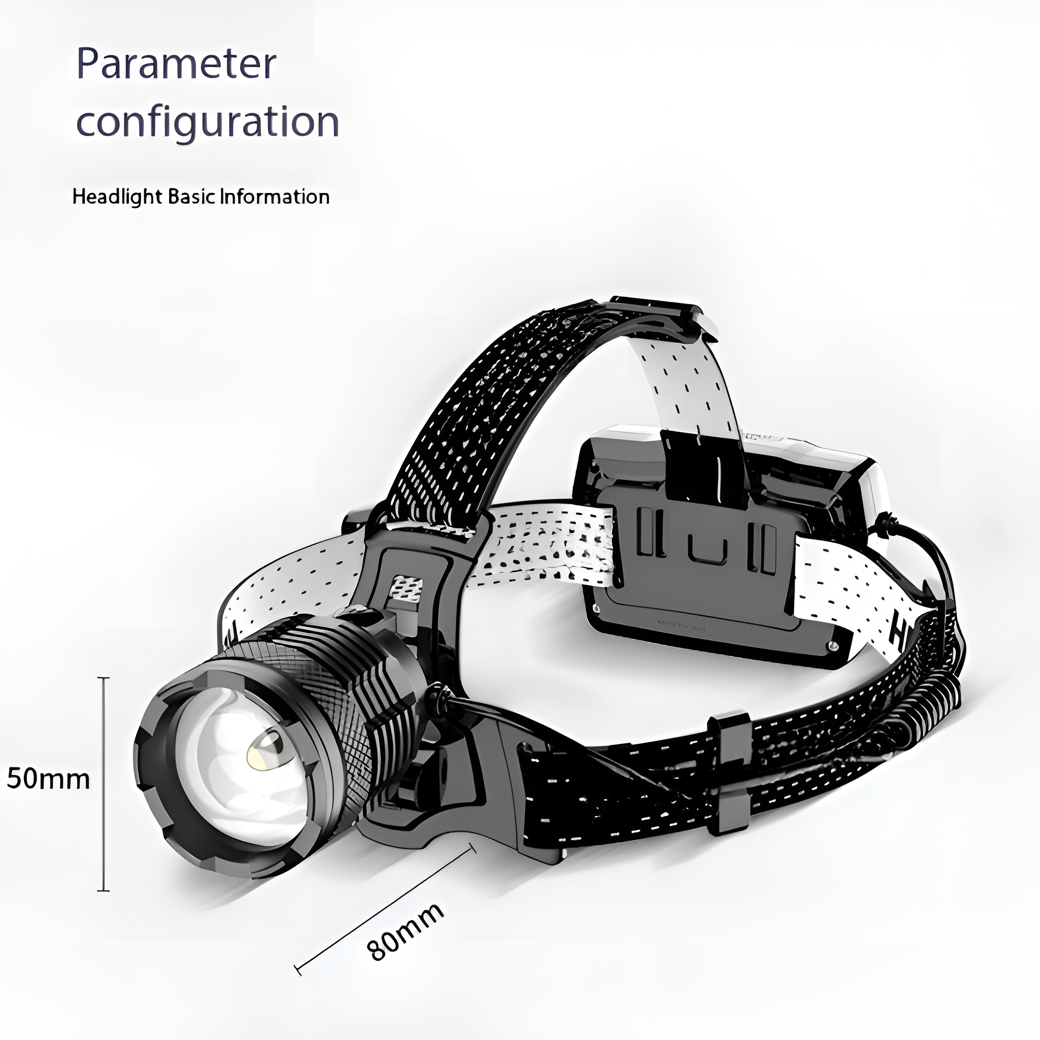 Schwarz-weiße LED-Stirnlampe, mit Abmessungen, auf weißem Hintergrund.