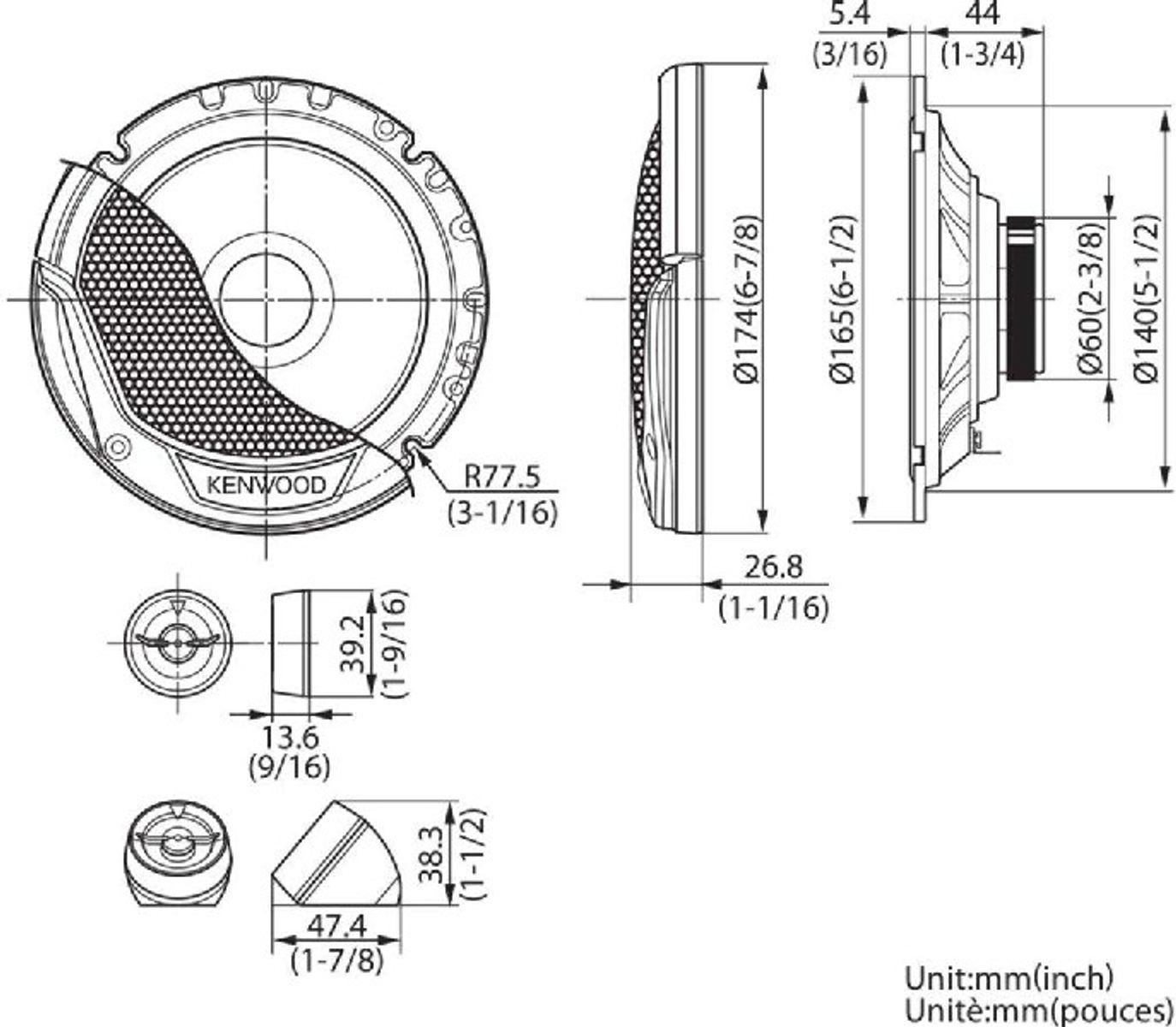 Altavoz de audio para coche con diagrama de dimensiones.