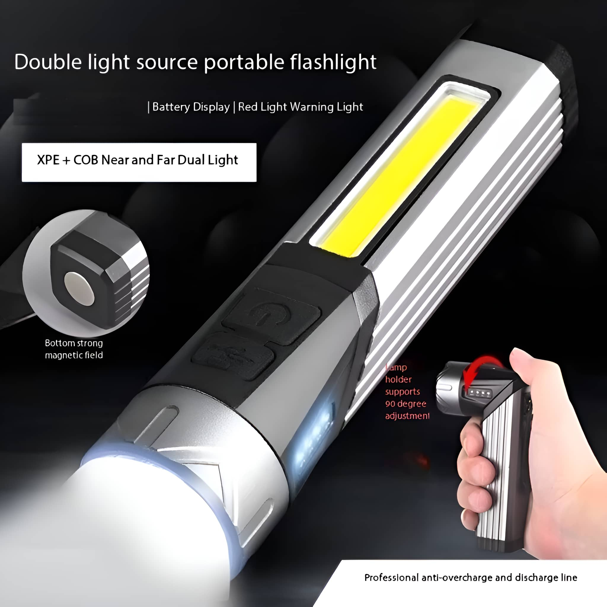 Eine silberne und schwarze Taschenlampe mit hellem Licht und rotem Licht. Sie hat einen USB-Ladeanschluss.