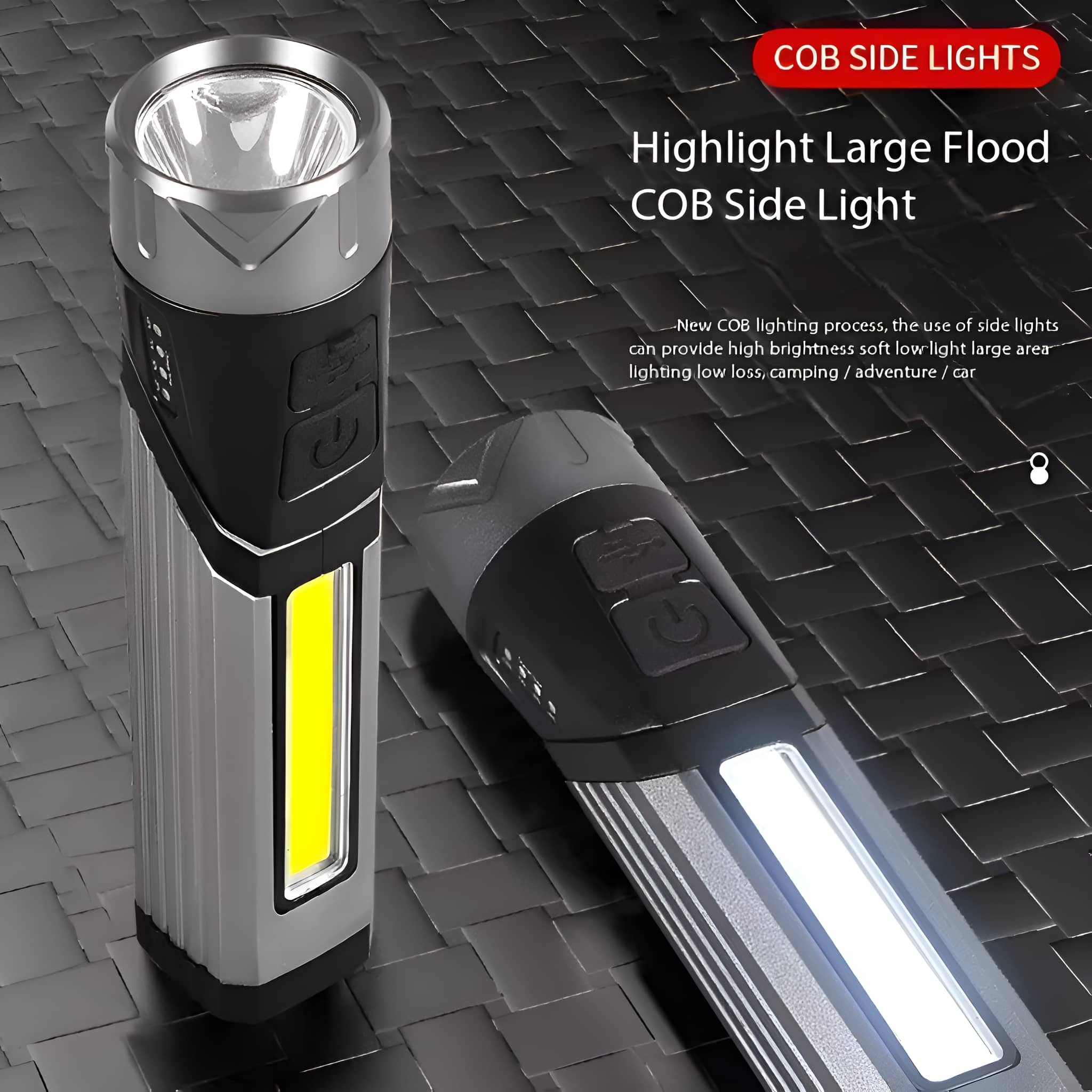 Zwei Taschenlampen, eine beleuchtet, mit dem Text 'COB SIDE LIGHTS' auf schwarzem Grund.