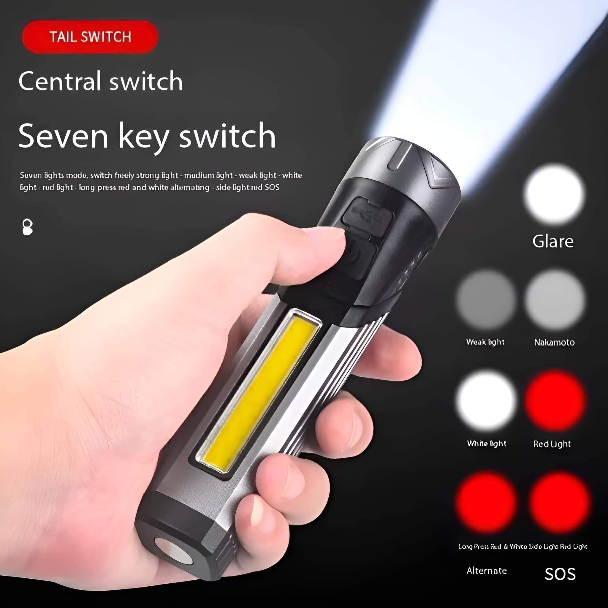 Eine Person hält eine silberne und schwarze Taschenlampe. Die Taschenlampe hat einen Lichtstrahl und mehrere Lichtoptionen.