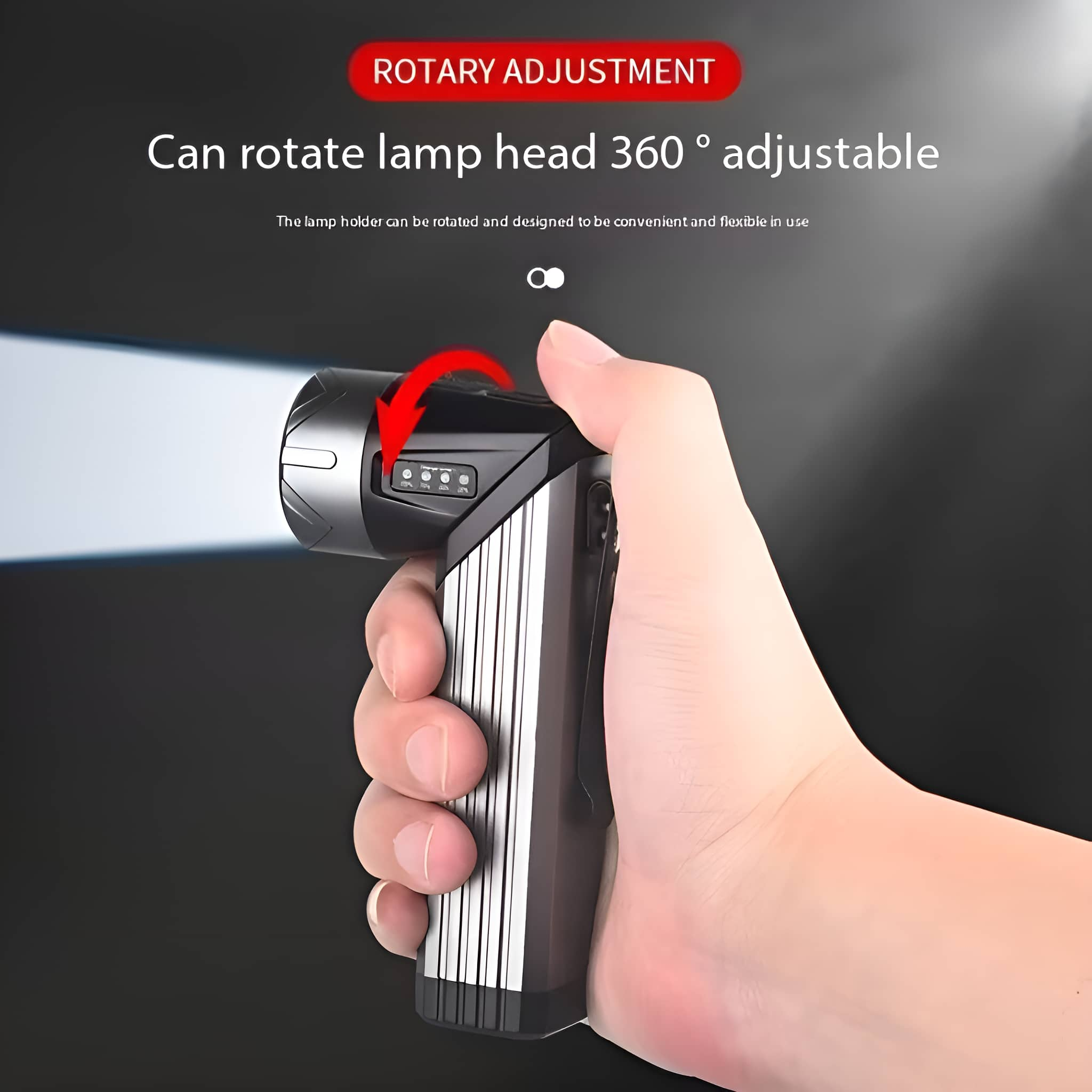 Hand, die eine schwarze LED-Taschenlampe mit weißem Lichtstrahl hält. Dunkler Hintergrund.