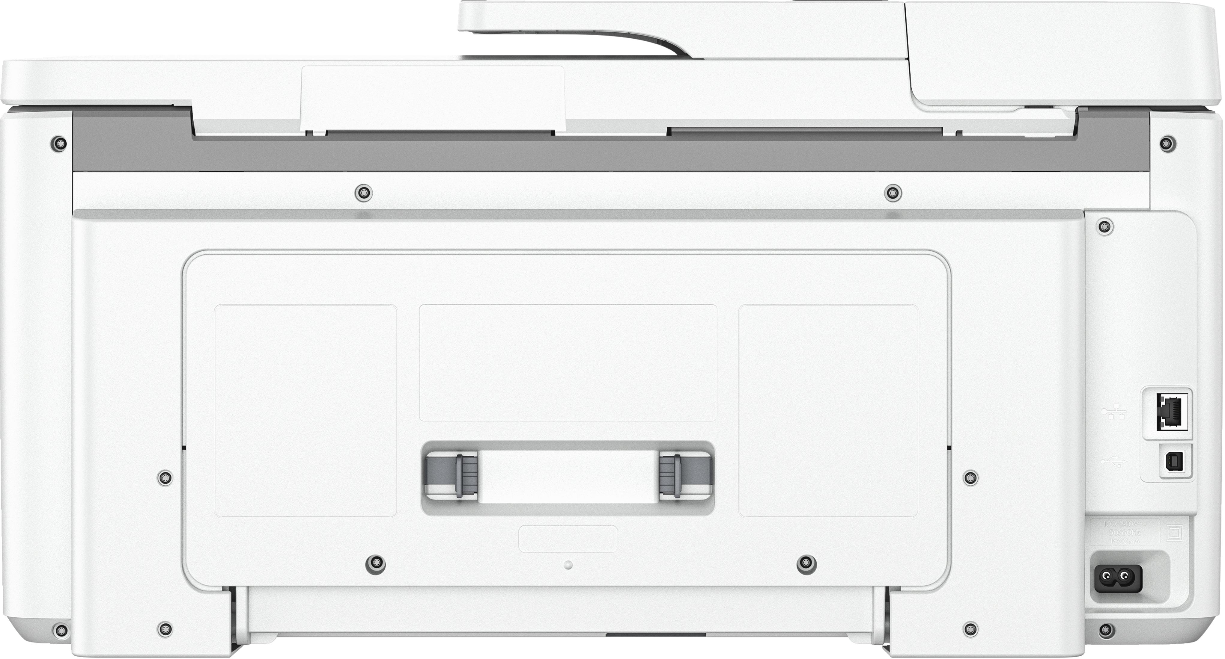 Weißer Drucker, Rückansicht. Zeigt Anschlüsse und Tasten. Sauberes Design. Isoliert auf Weiß.