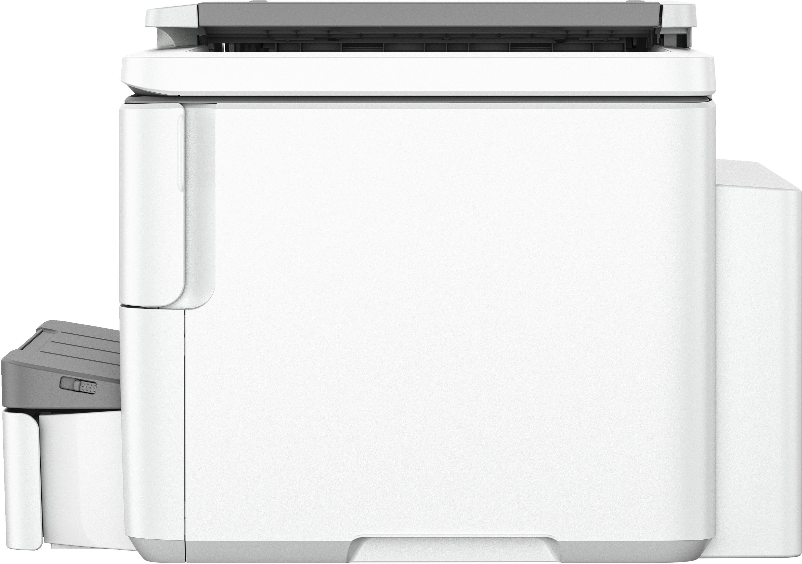 Weißer und grauer Drucker, Seitenansicht. Er hat einen oberen Scanner und ein seitliches Papierausgabefach.