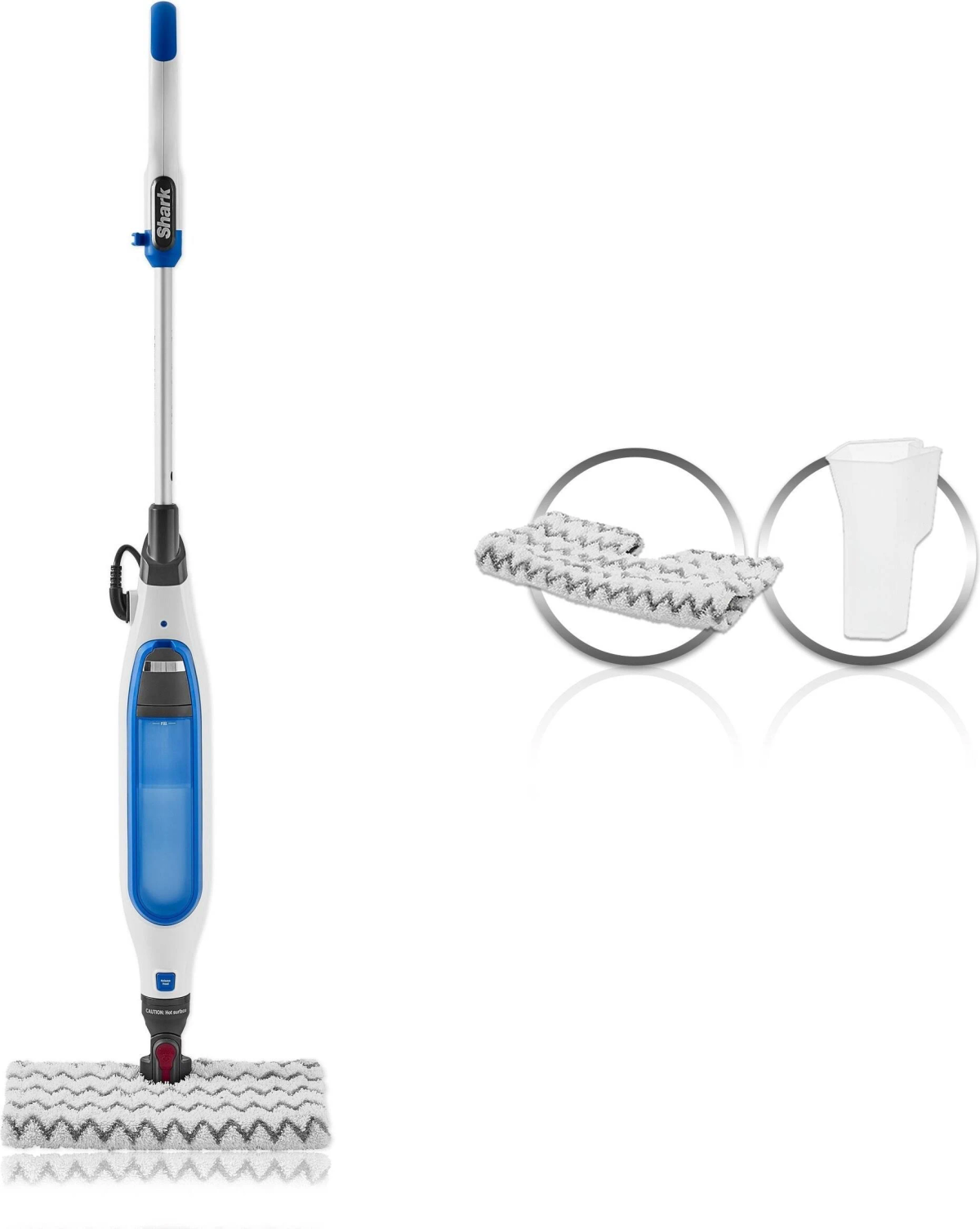 Biało-niebieski mop parowy z akcesoriami. Zawiera pady czyszczące i pojemnik na wodę.