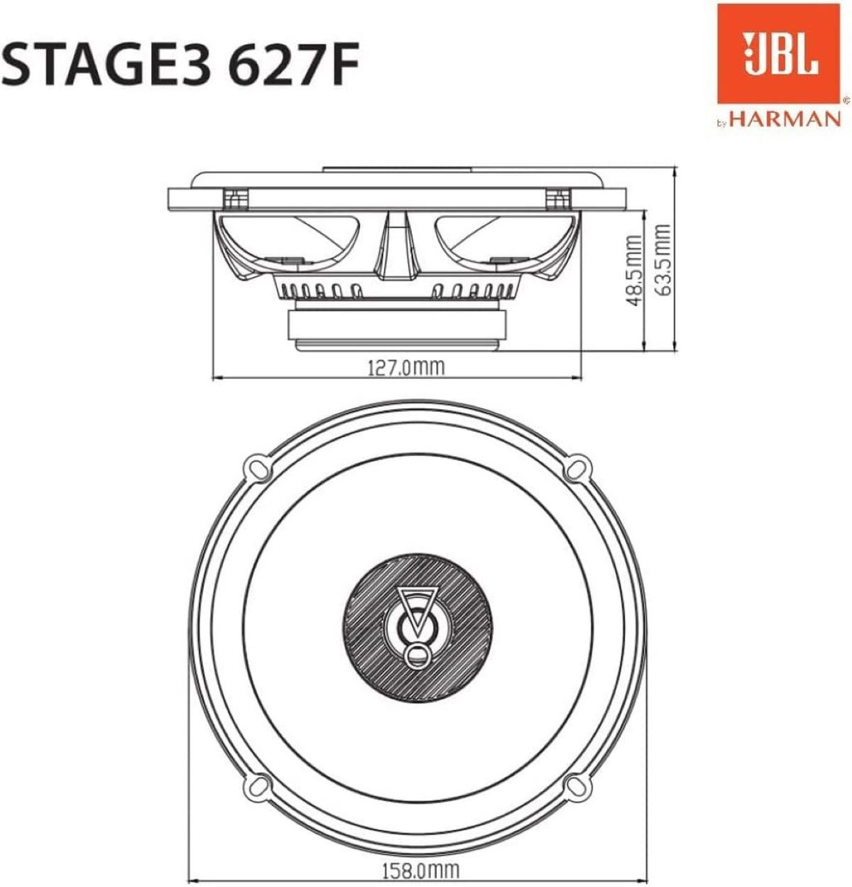 JBL-Lautsprecherdiagramm mit Maßen. Text lautet 'STAGE3 627F'.