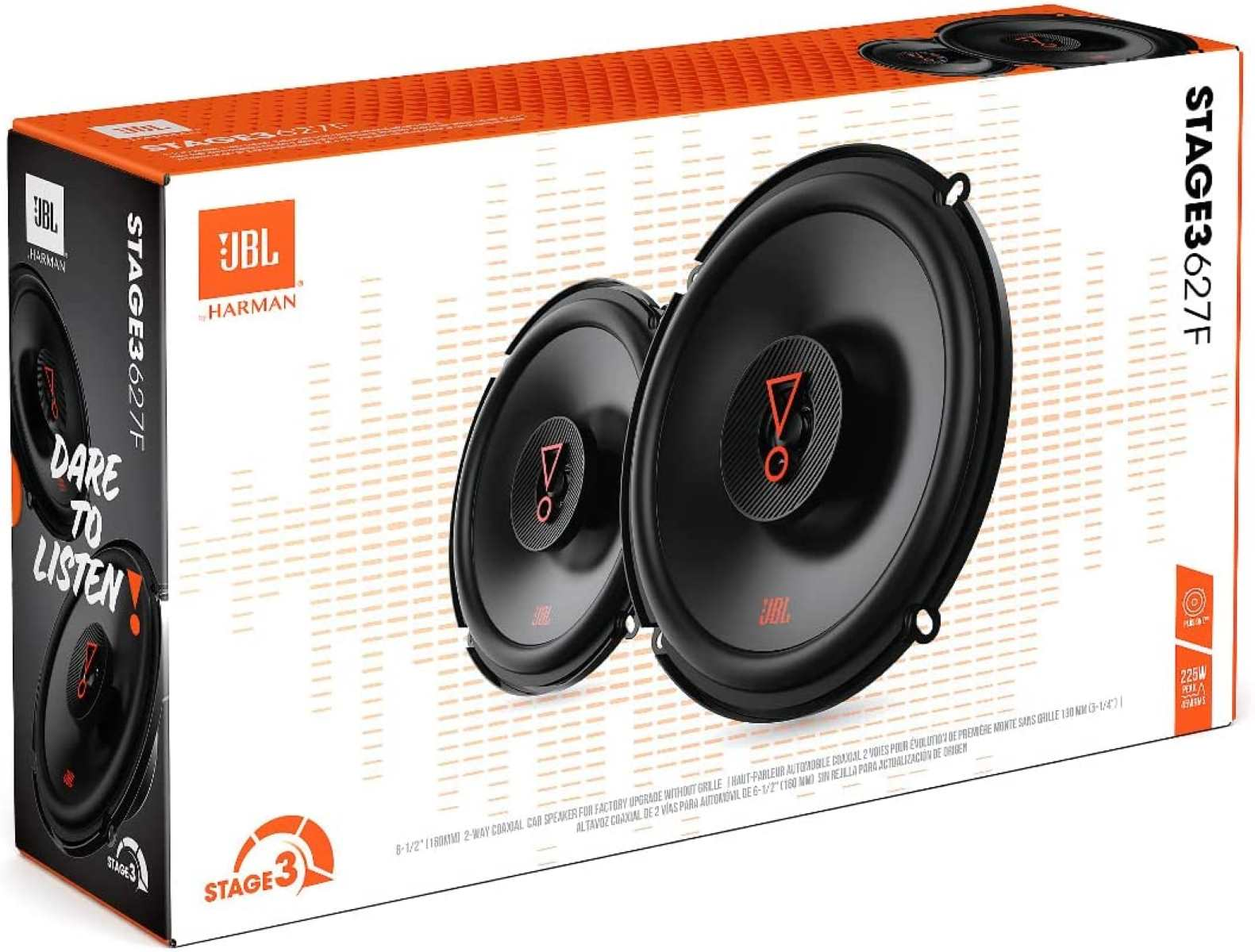 Zwei JBL-Lautsprecherboxen mit sichtbaren Lautsprechern, auf weißem Hintergrund.