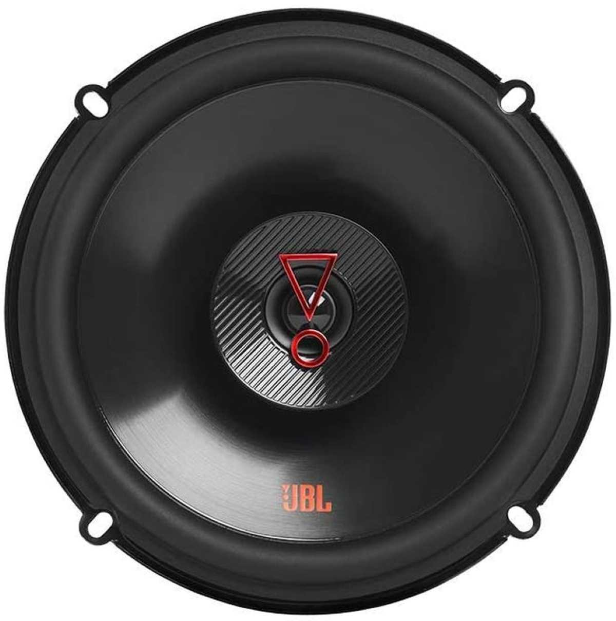 Schwarzer Autolautsprecher mit rotem JBL-Logo in der Mitte. Sechs Befestigungslöcher umgeben den Lautsprecher.