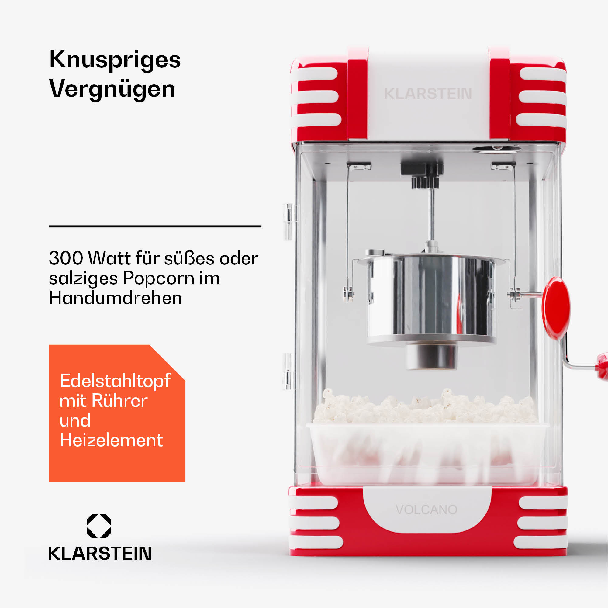Popcornmaschine, rot und weiß mit Popcorn. Text auf der Seite.