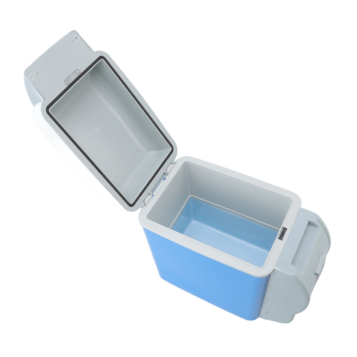 Blau-weiße Kühlbox, mit geöffnetem Deckel, der das Innere zeigt.