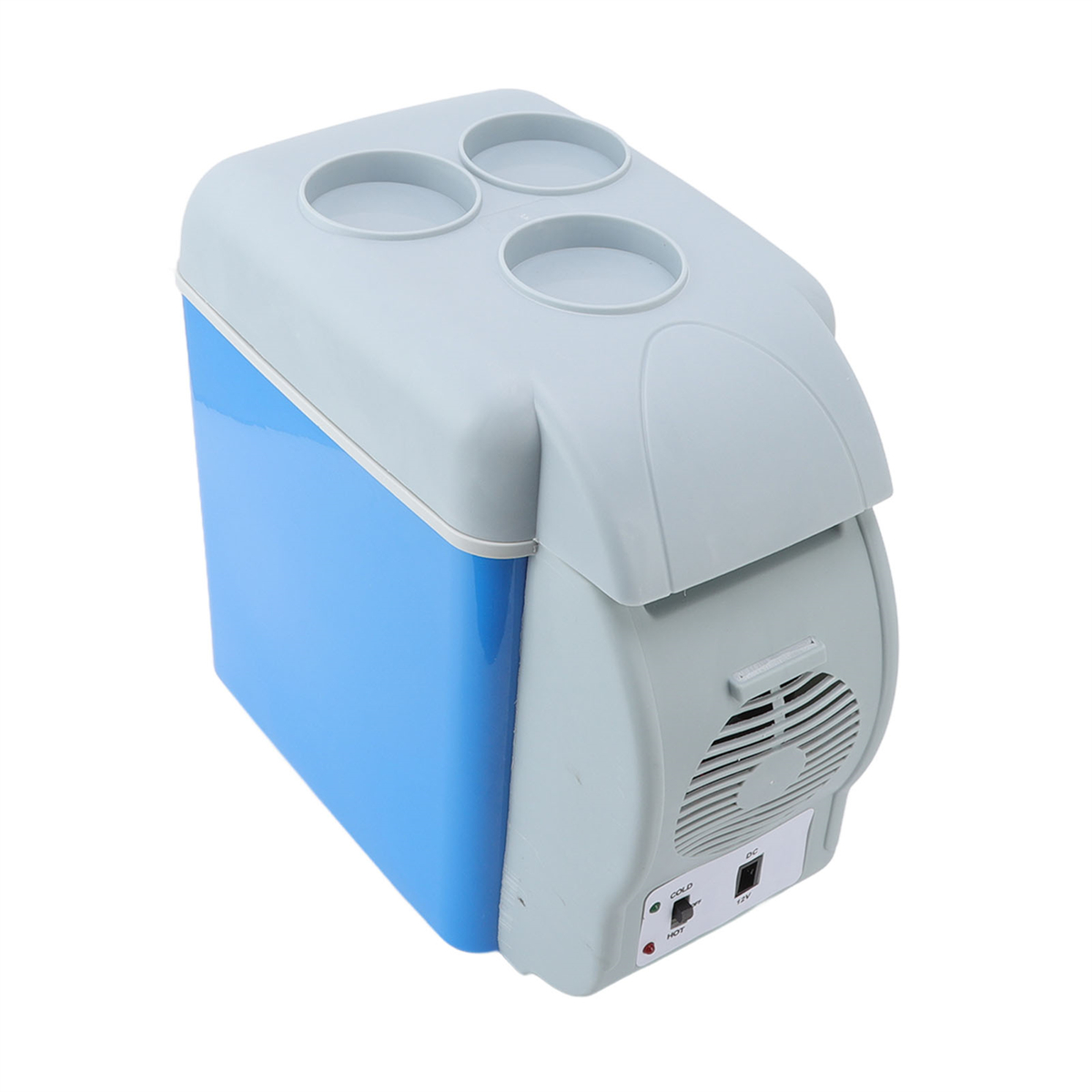 Eine kleine blaue und weiße tragbare Kühlbox mit grauem Deckel. Oben befinden sich Getränkehalter.
