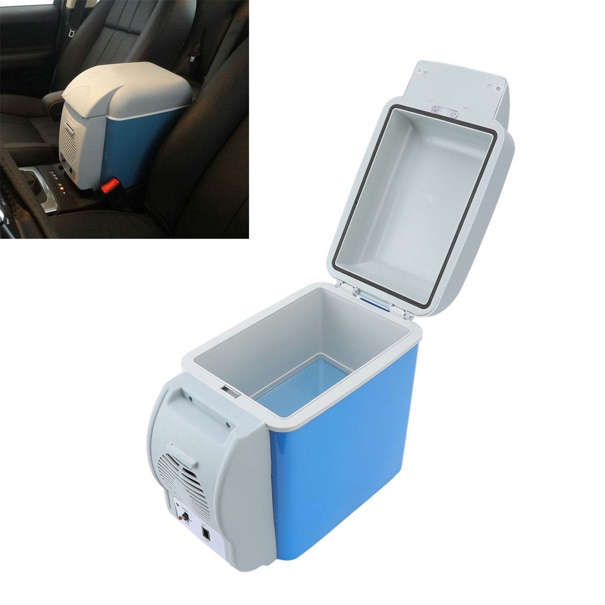 Ein blau-grauer Autokühler, geöffnet, steht auf einer weißen Oberfläche. Ein Ausschnitt zeigt ihn im Auto.