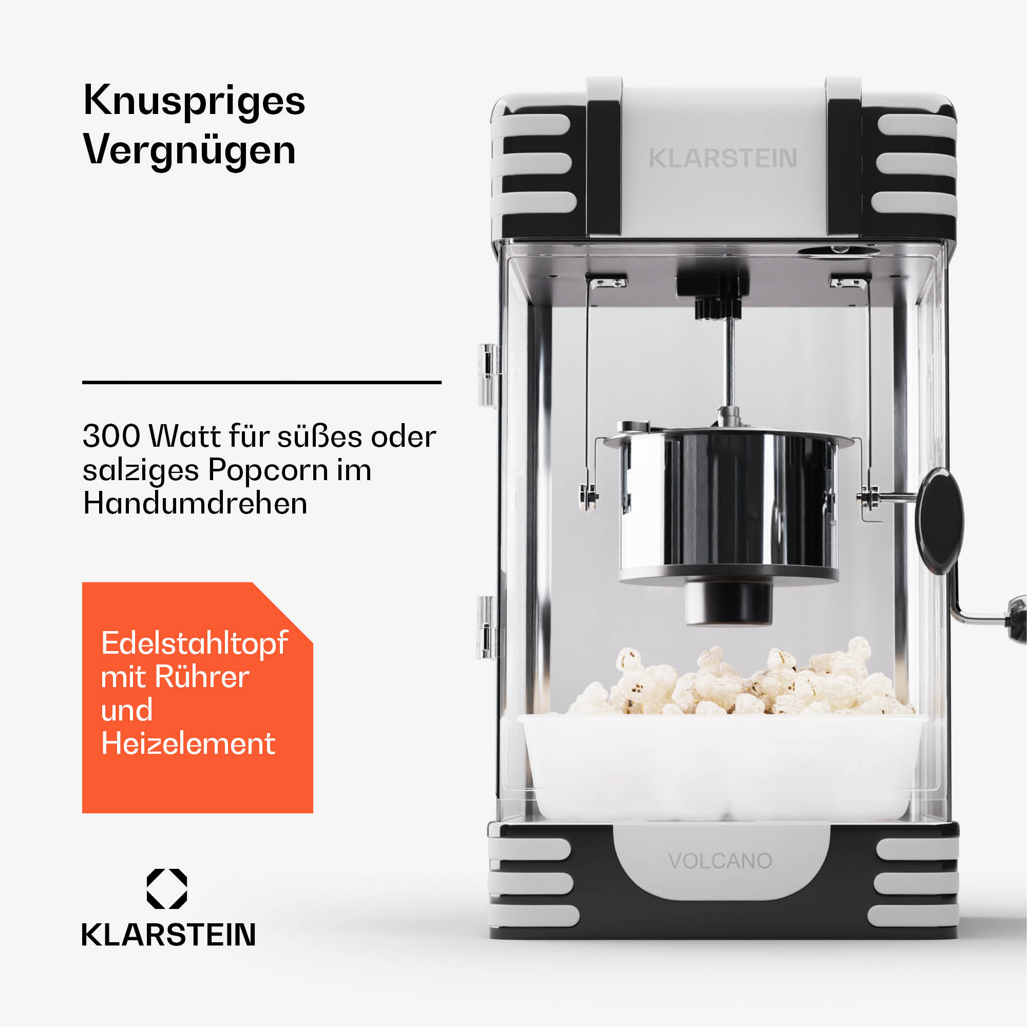 Popcornmaschine mit Text. Silberner Topf innen, weiße Schüssel unten, schwarz-weißes Design.