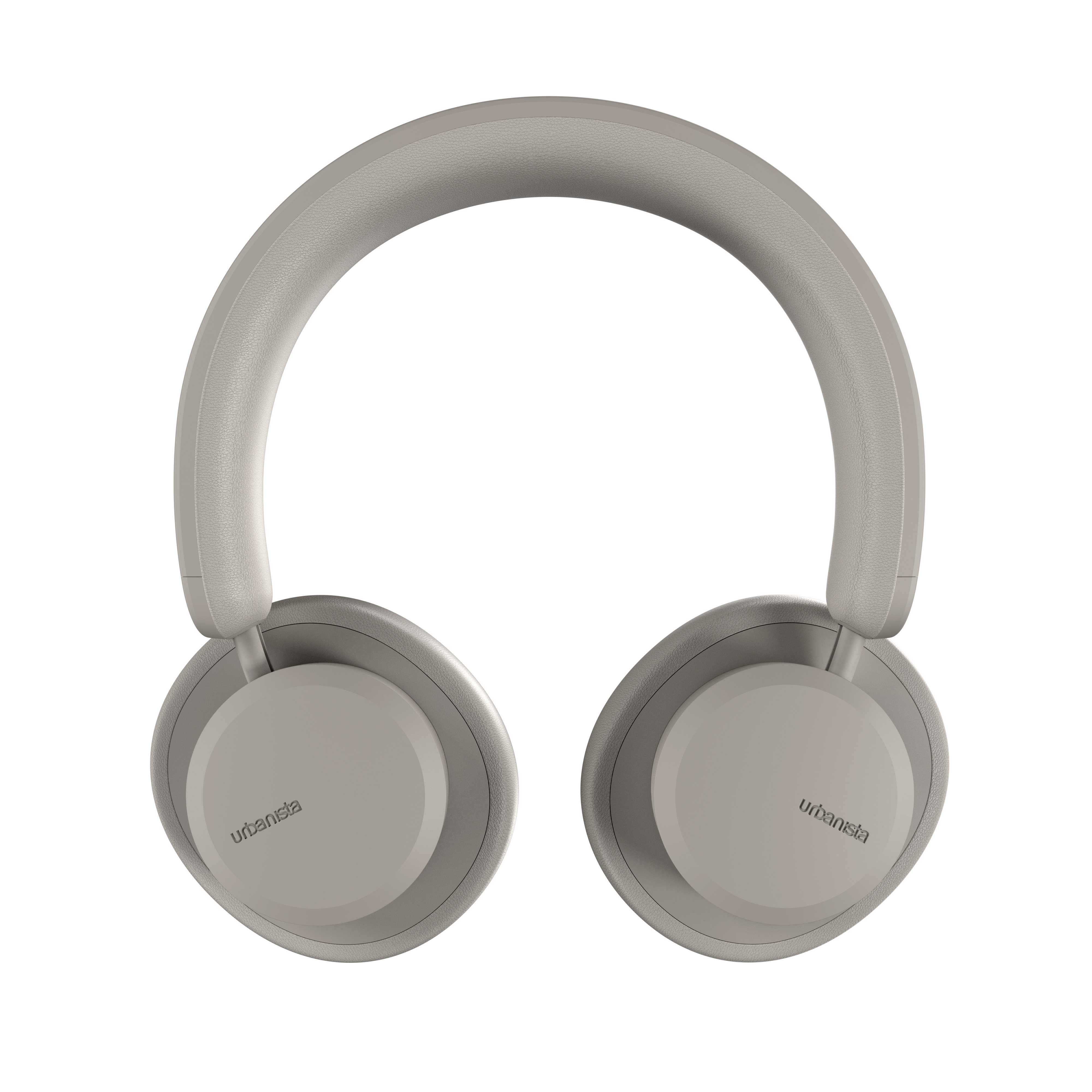 Szare słuchawki z marką "Urbanista" na nausznikach, na czarnym tle.