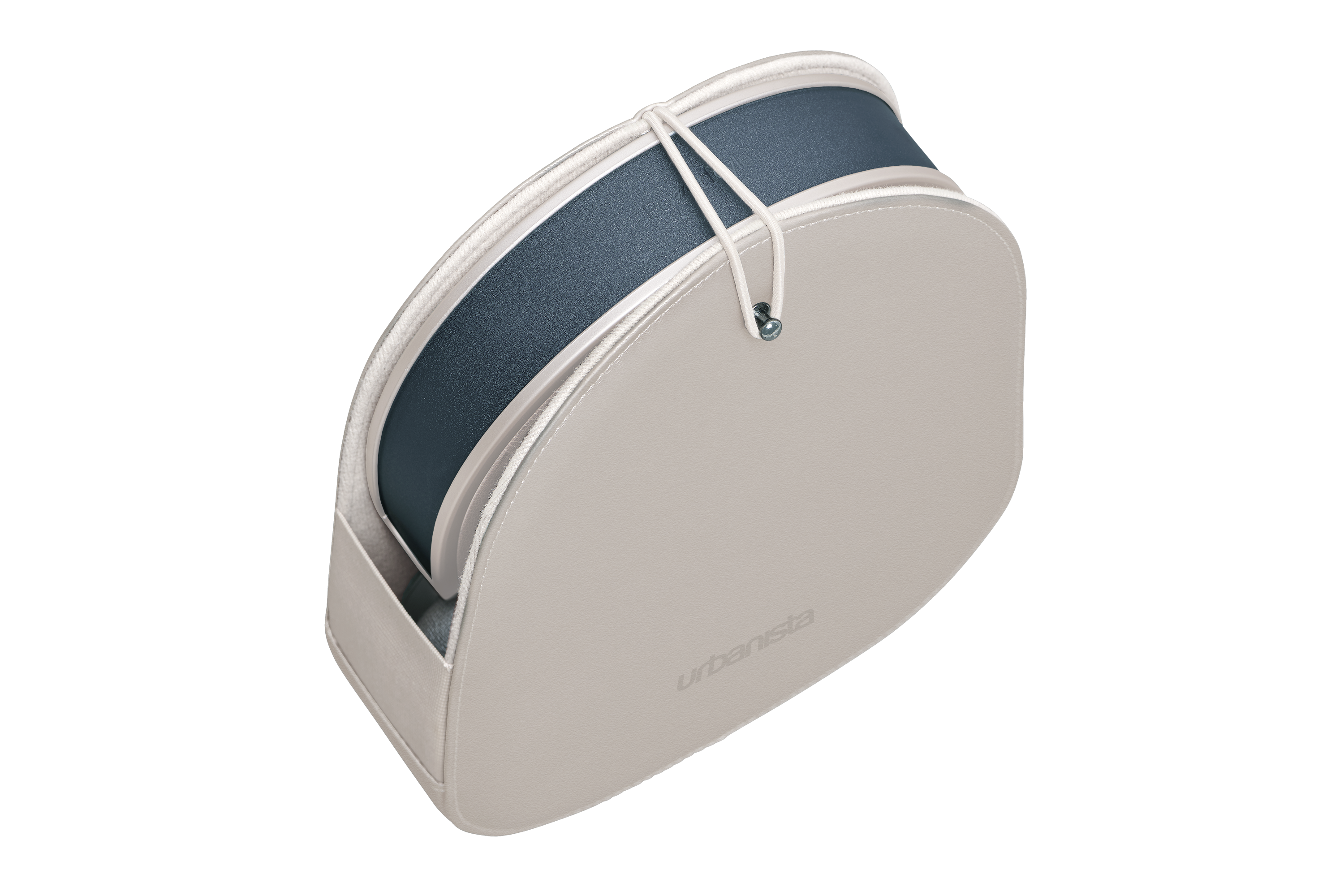 Beżowe etui z niebieskim wnętrzem i białym sznurkiem.